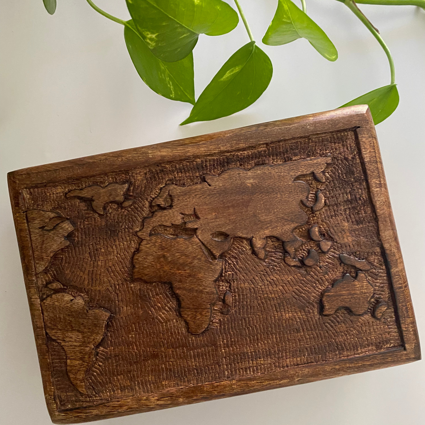 World Map Wooden Spice Box - Engraved, 6 Stainless Steel Bowls, Rectangle - Aksa