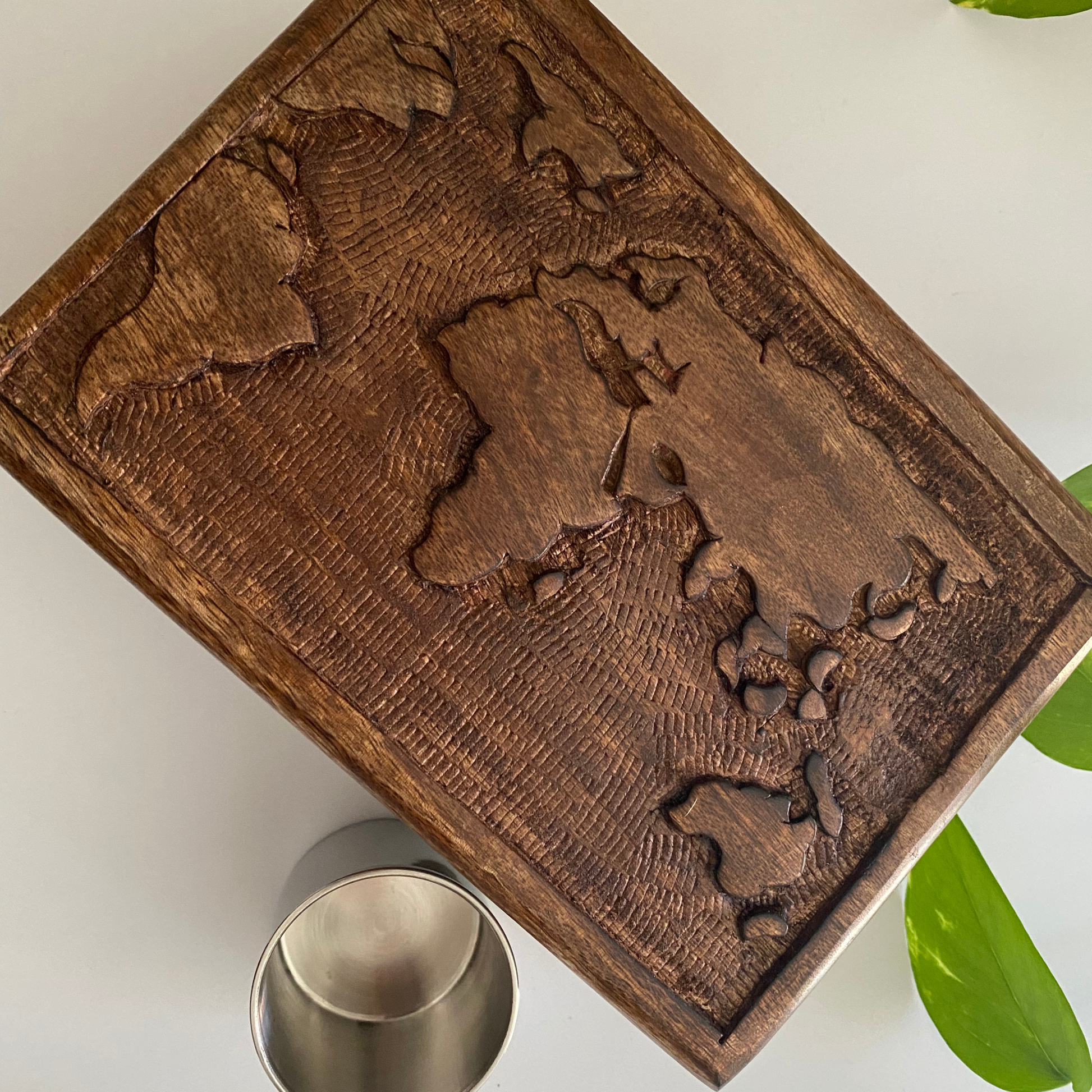 World Map Wooden Spice Box - Engraved, 6 Stainless Steel Bowls, Rectangle - Aksa