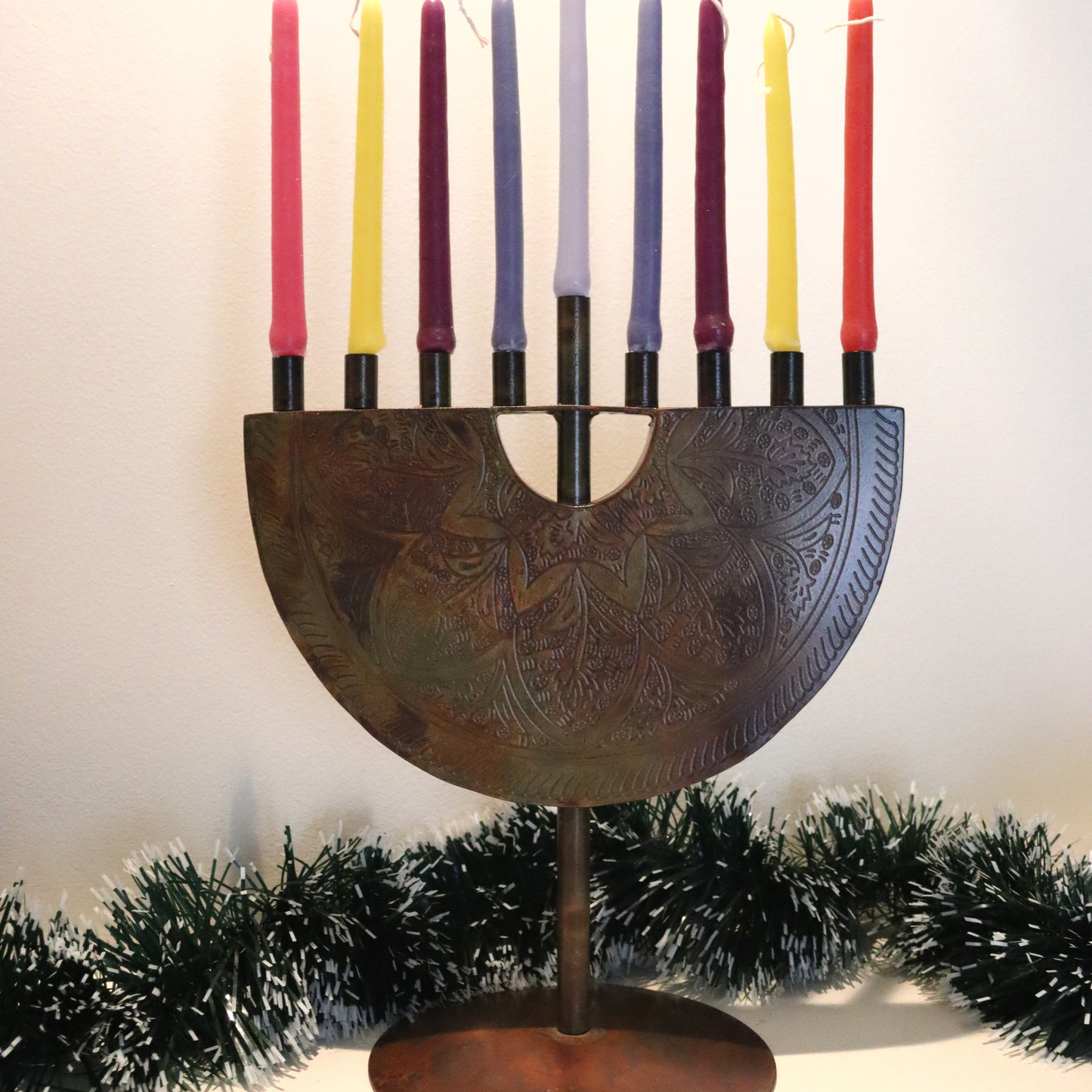 9 Candle Antiqued Iron Menorah Hanukkah Lamp Holder - Chanukah, Jewish, Judaica Home Decor