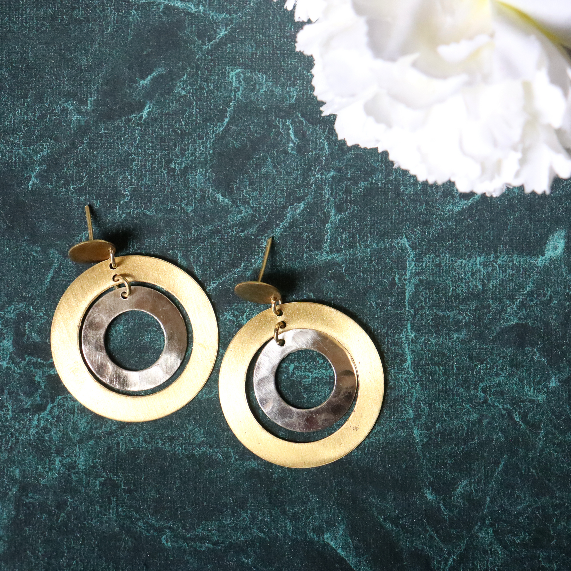 Aarna White and Gold Disc Dangle Earrings - Handmade, Chic, Gift for Her - Aksa Home Decor 
