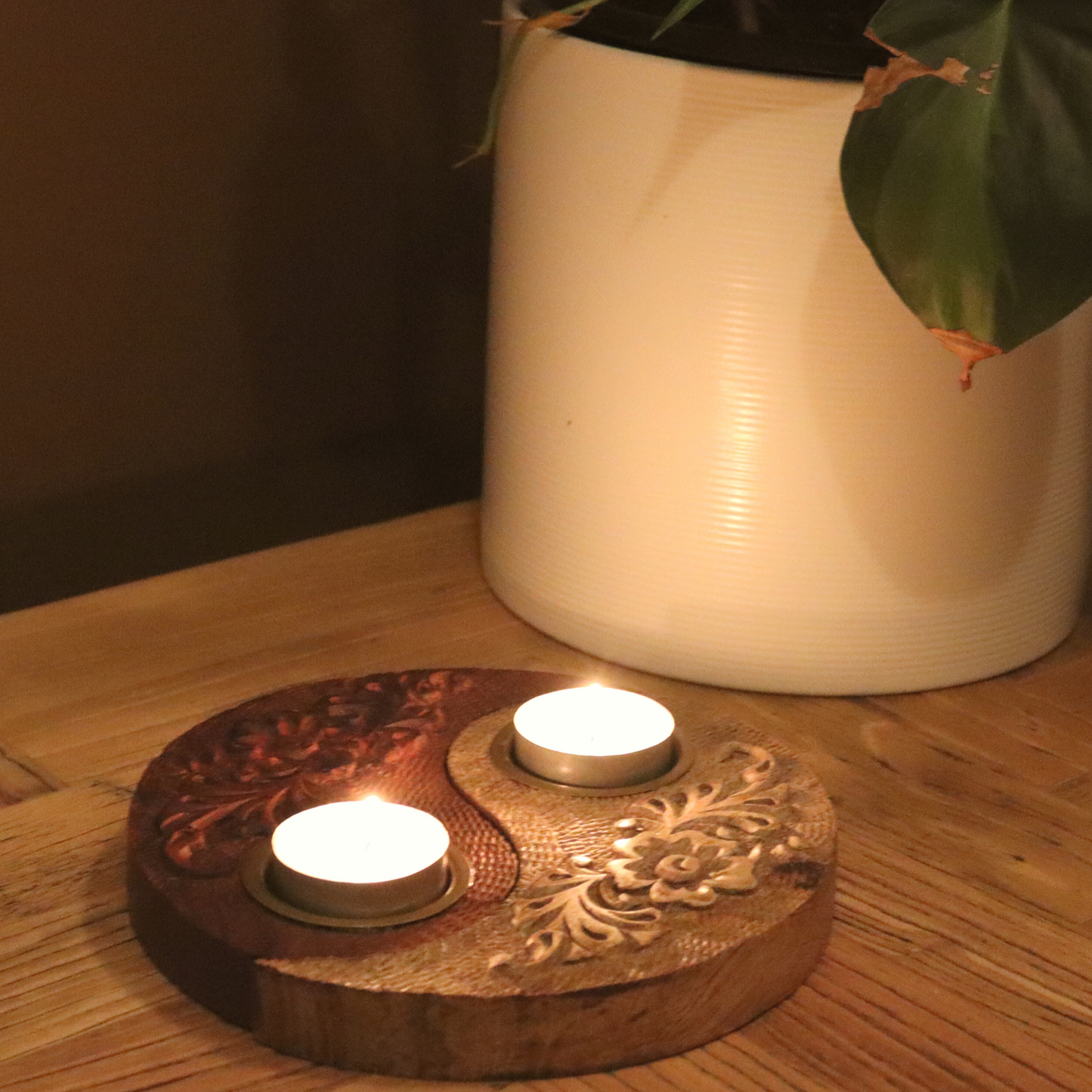 Ardhan Tealight Candle Holder - Yin Yang, Dual-tone, Wooden, Engraved