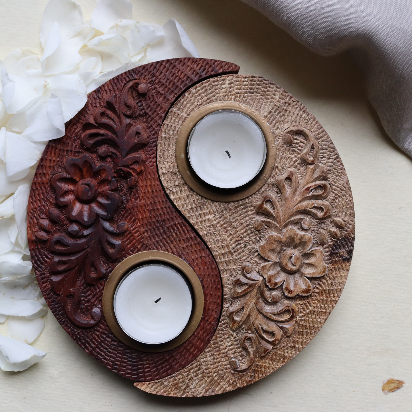 Ardhan Tealight Candle Holder - Yin Yang, Dual-tone, Wooden, Engraved - Aksa Home Decor 