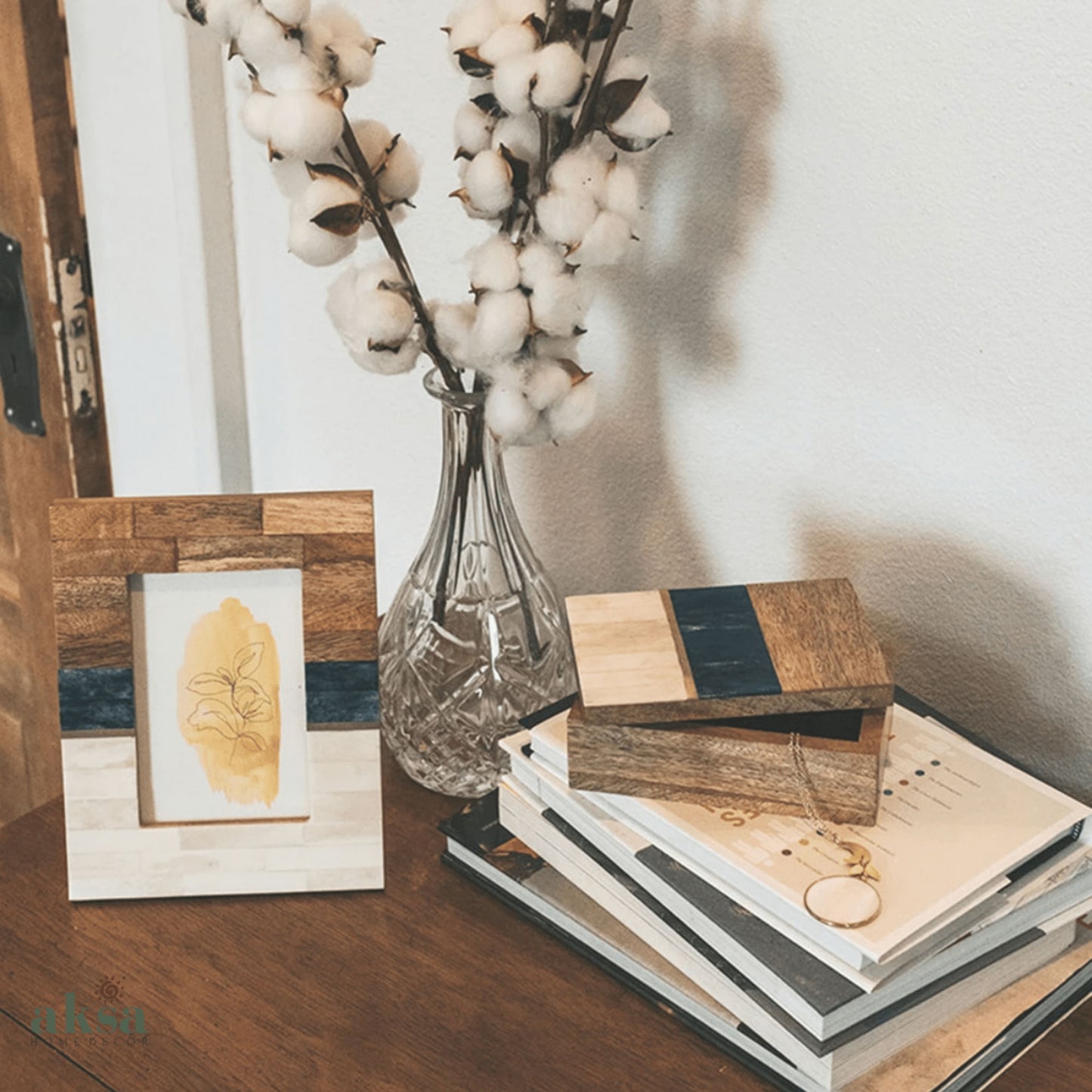 Blue-White-Brown Picture Frame|4x6 Photo|Portrait|Handmade|Sustainable - Aksa Home Decor 