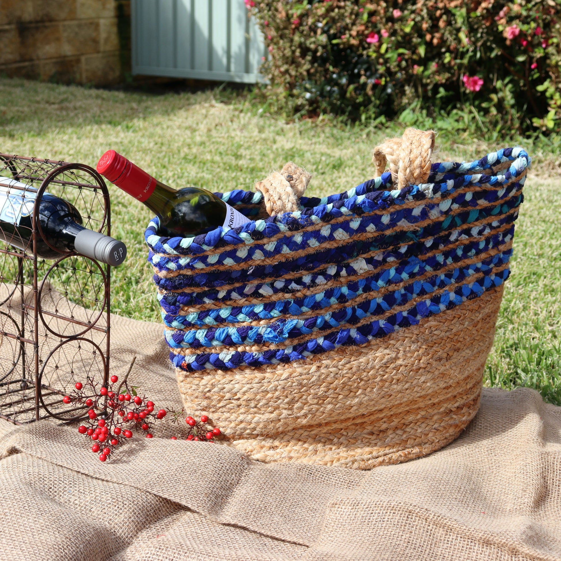 Blue Cloth & Jute Tote Bag - Handmade, Ethical, Upcycled, Repurposed Materials - Aksa Home Decor 