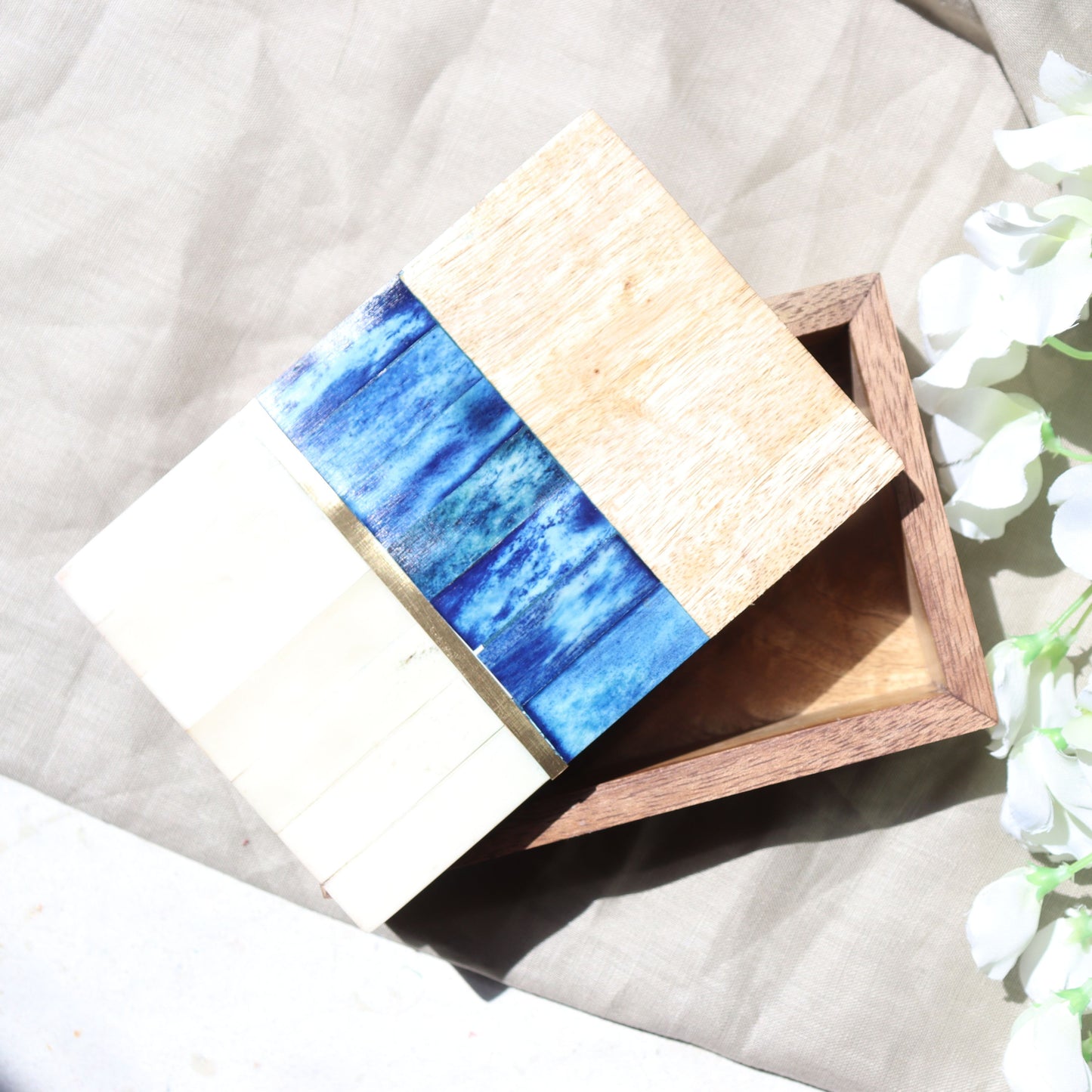 Blue White Jewellery Storage Box - Rectangle, Keepsake, Catch All - Aksa Home Decor 