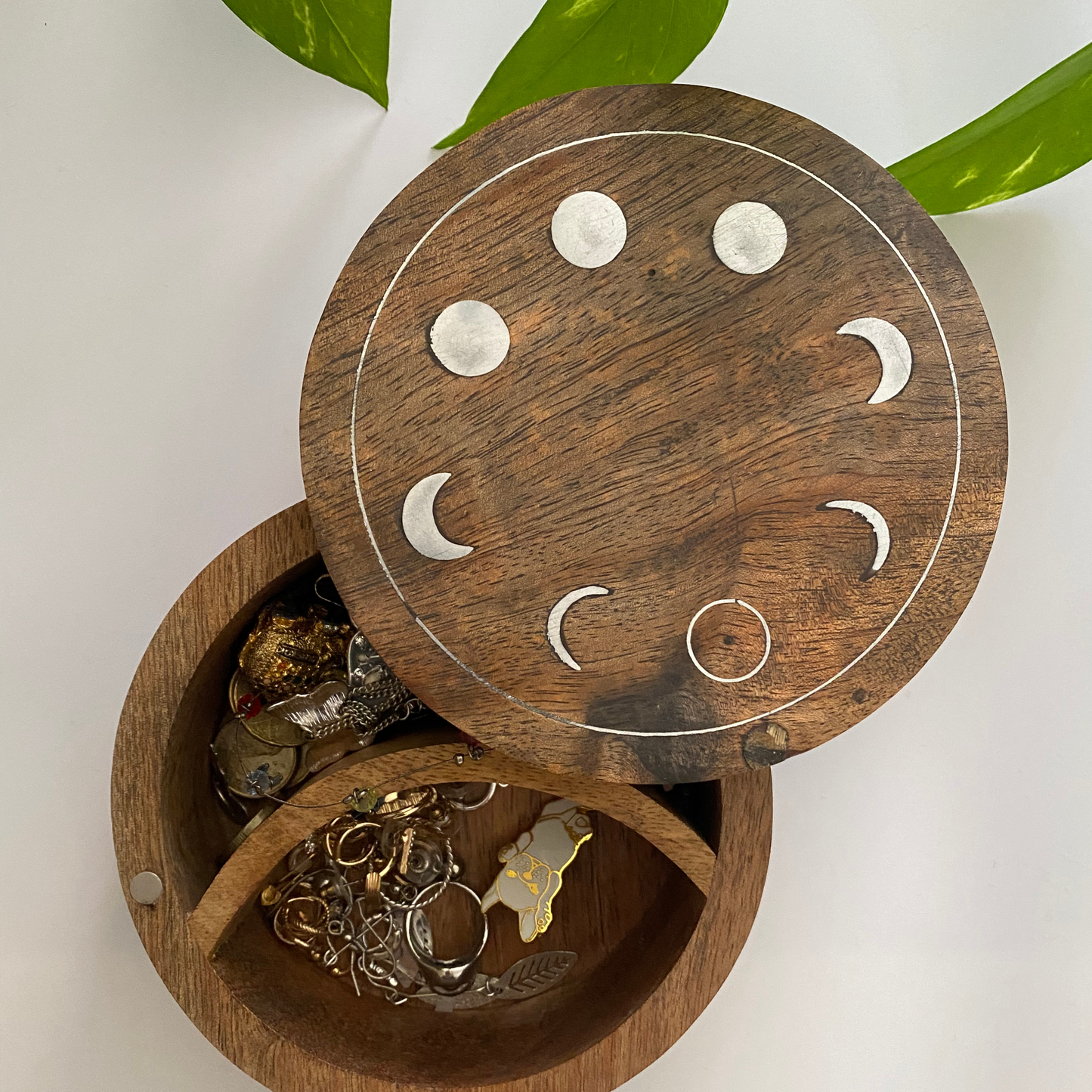 Chandra Kala Moon Phase Round Wood Jewellery Keepsake Storage Box - Aksa