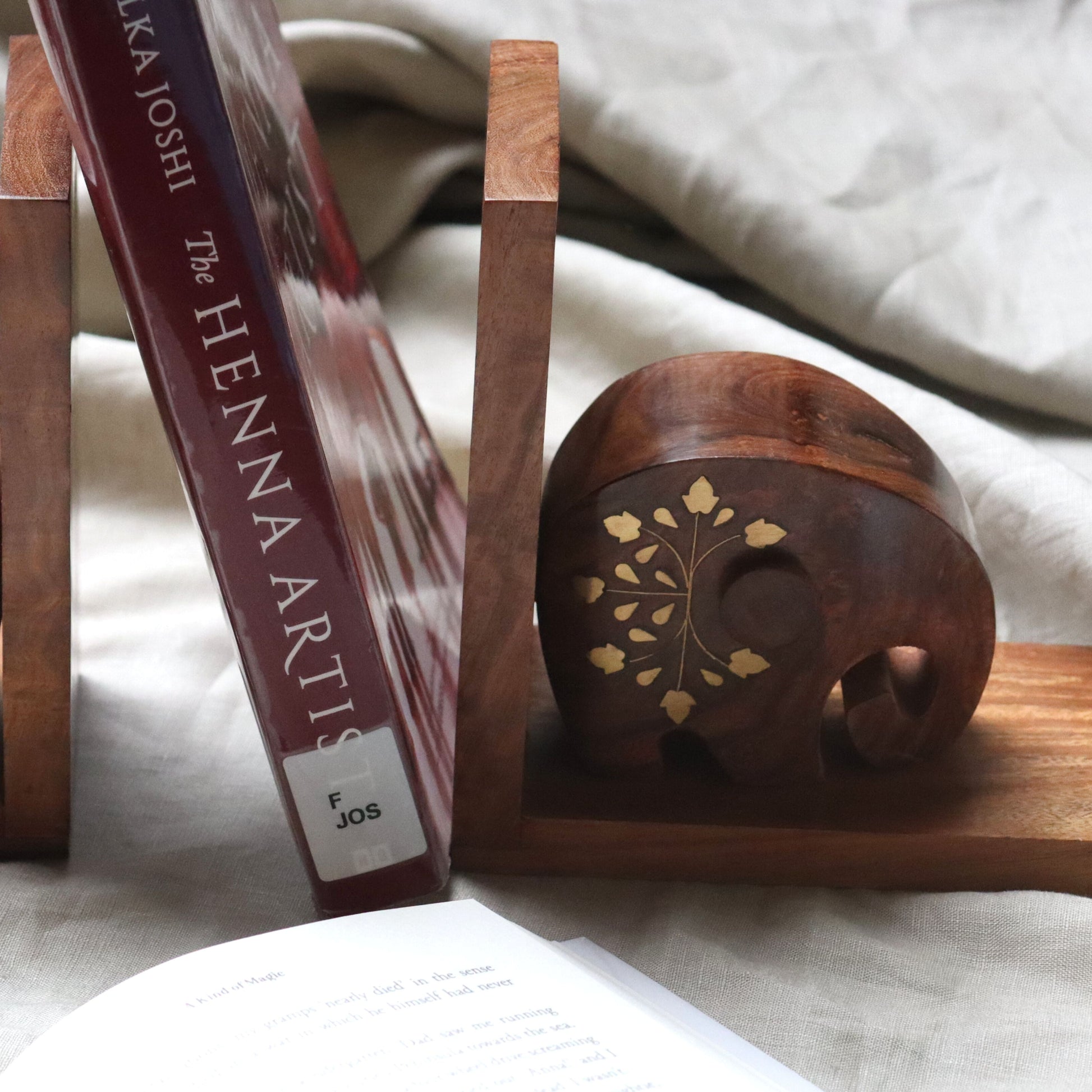 Elephant Wood and Brass Bookends - Bookworm Gift, Hand carved Holder - Aksa Home Decor 