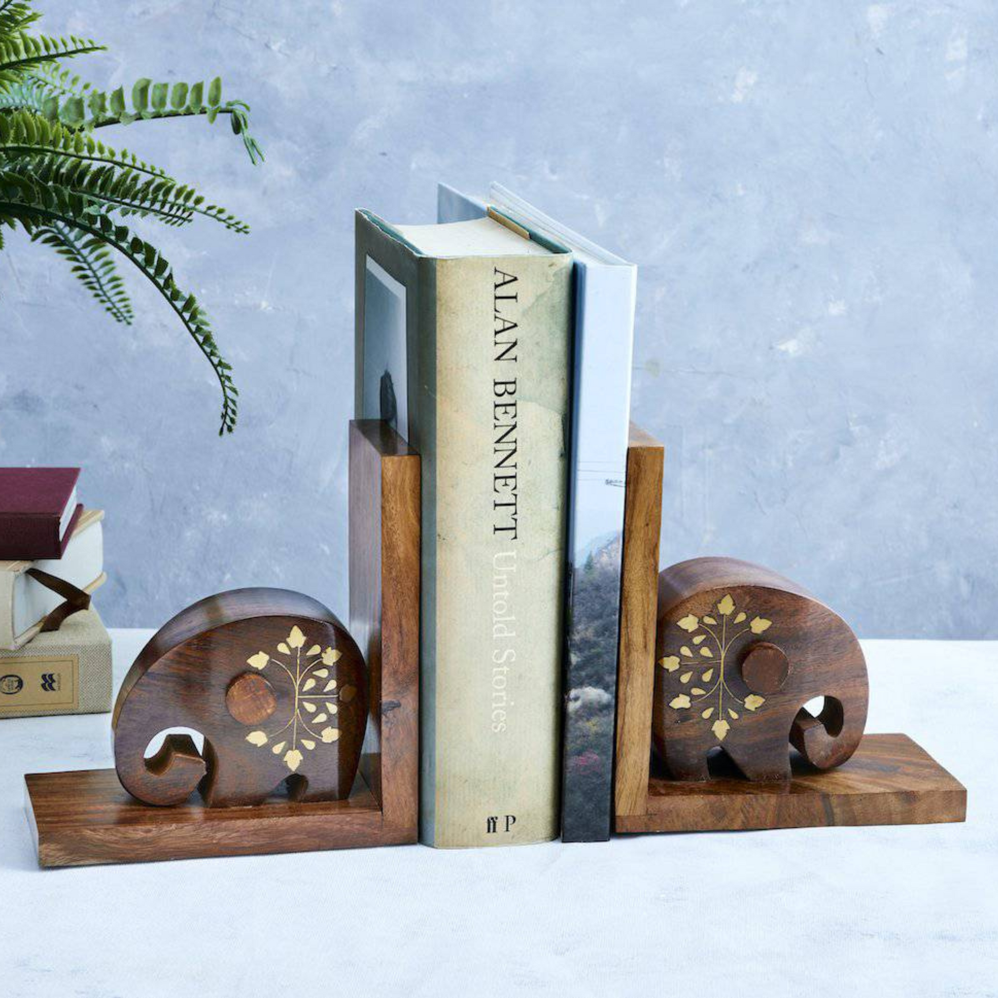 Elephant Wood and Brass Bookends - Bookworm Gift, Hand carved Holder - Aksa Home Decor 