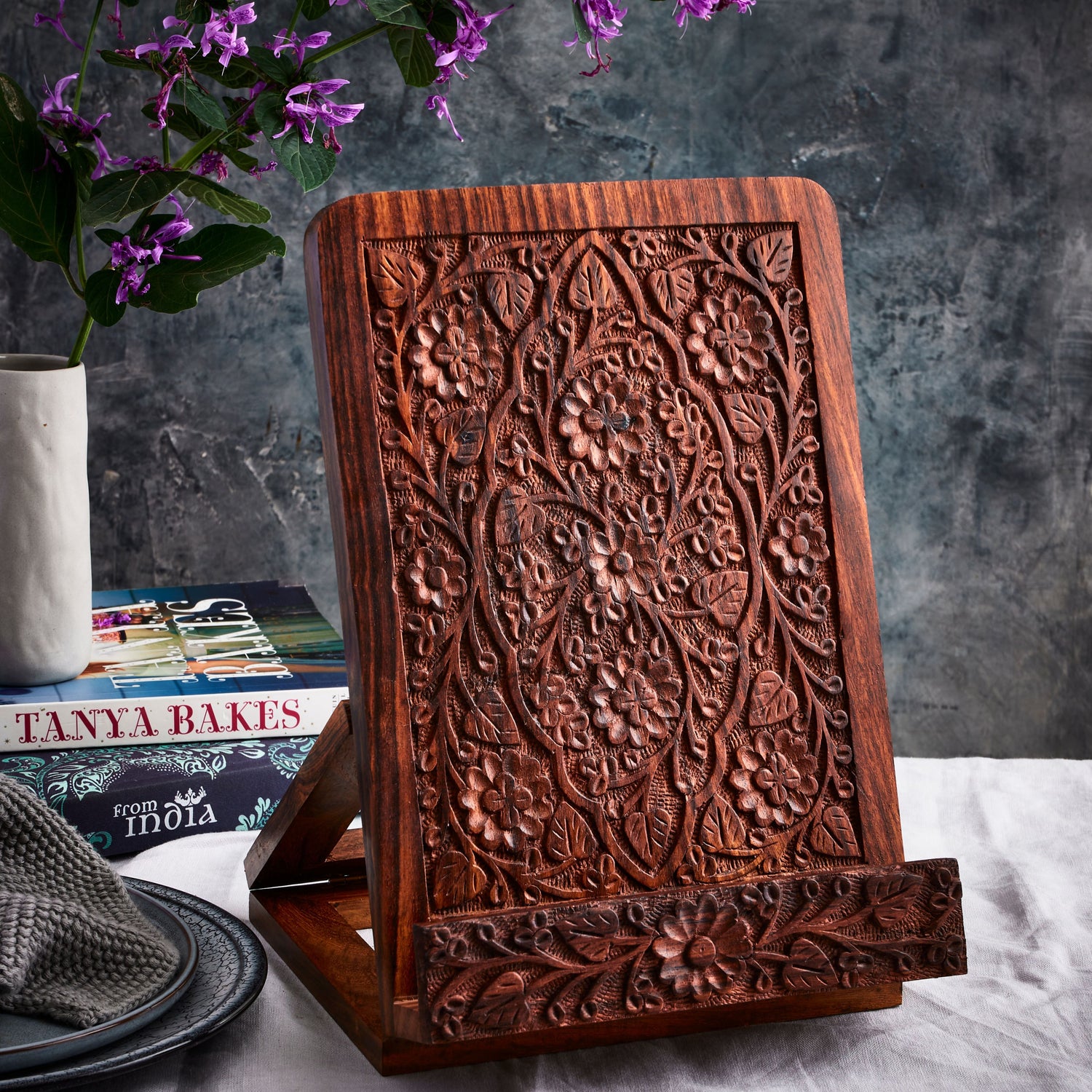 Floral Sheesham Wood Tablet Stand - Holder, Book Rest, Meal Recipe/Notebook Stand, Countertop, Hand Carved - Aksa Home Decor
