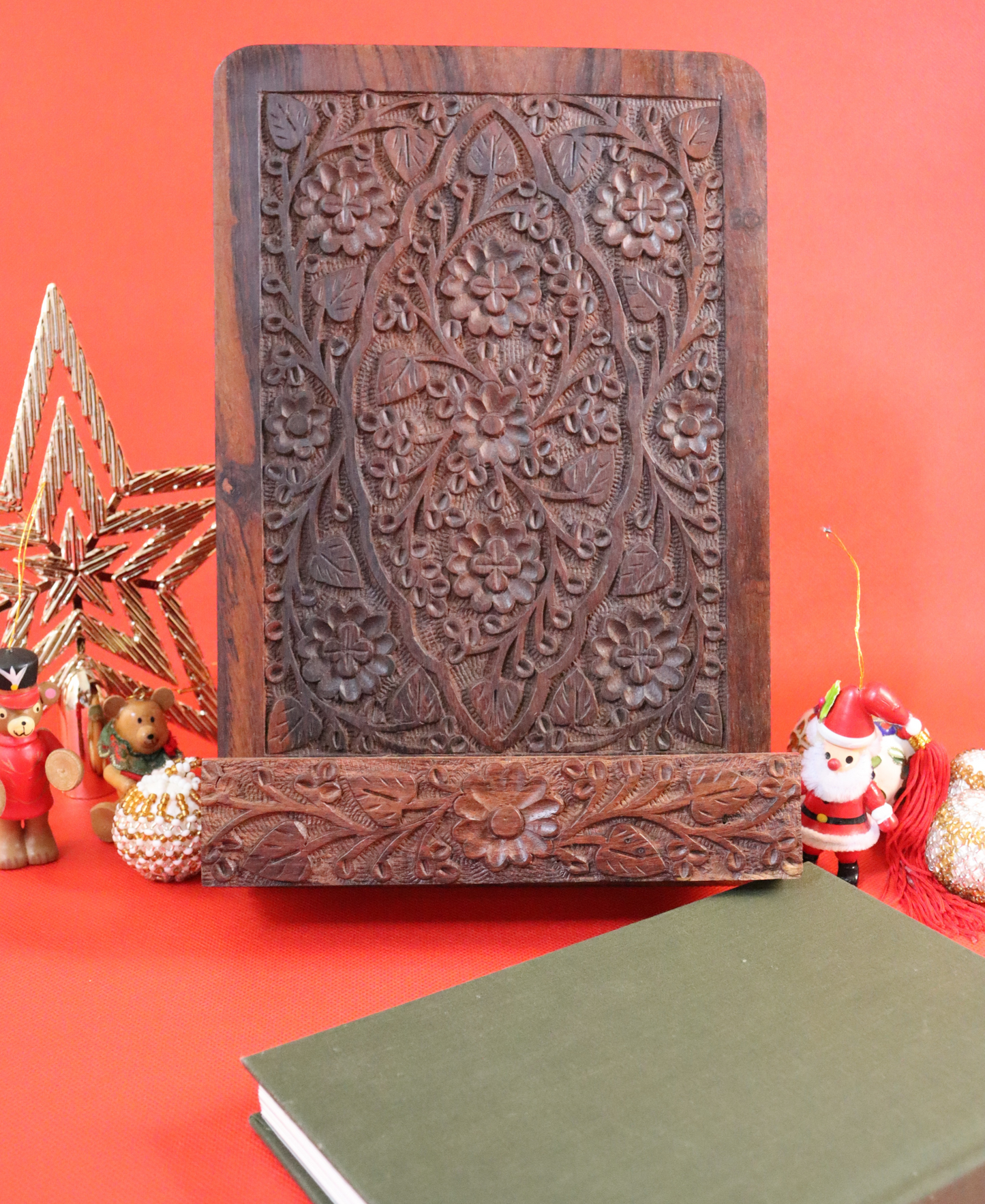 Floral Sheesham Wood Tablet Stand - Holder, Book Rest, Meal Recipe/Notebook Stand, Countertop, Hand Carved - Aksa Home Decor 