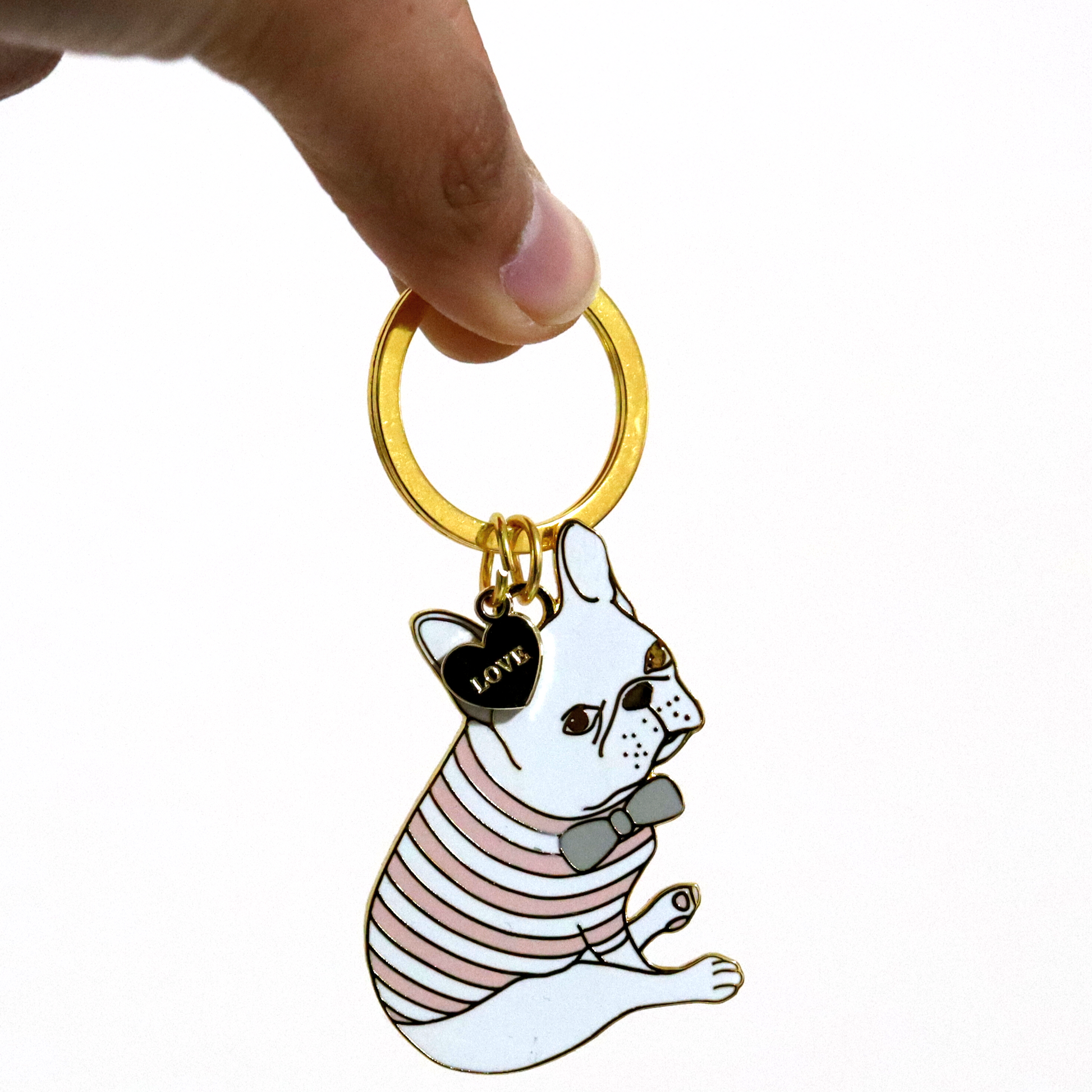 French Bulldog & Love Heart Keychain - Enamel Keyring, Quirky, Pink Striped Tee Frenchie with Bow - Aksa Home Decor 