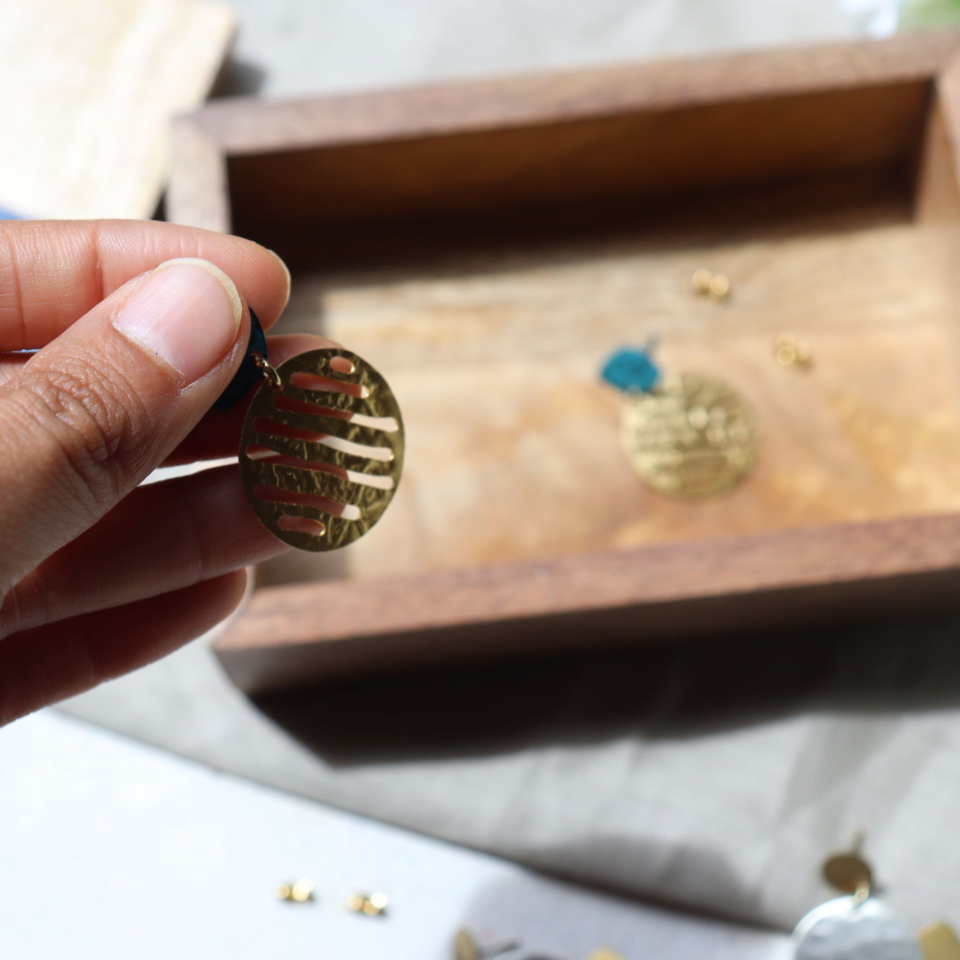 Gold & Teal Coin Brass Drop Earrings - Filigree, Circle, Menka Jewellery - Aksa Home Decor 