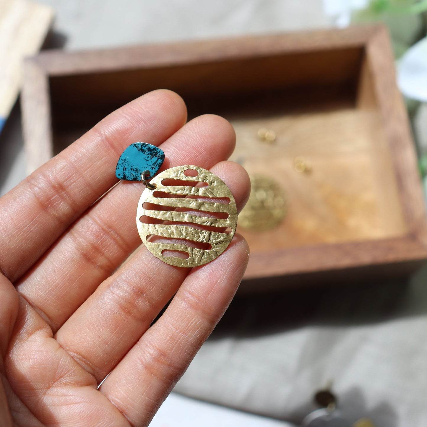 Gold & Teal Coin Brass Drop Earrings - Filigree, Circle, Menka Jewellery - Aksa Home Decor 