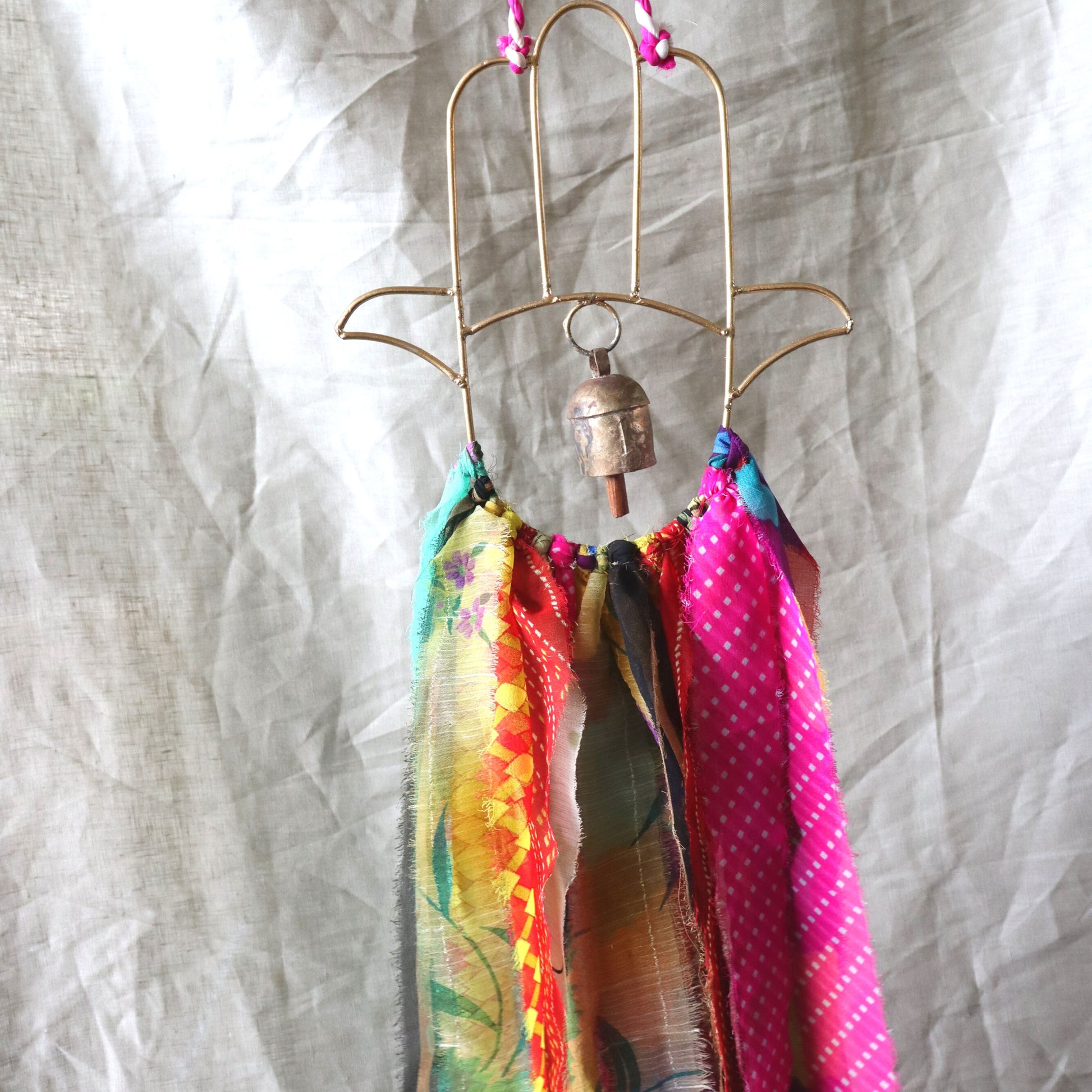 Hamsa Amulet Chime w/ Copper Bell Assorted Sari Tassels - Handmade, Evil Eye Protection Ornament, Multi-coloured - Aksa Home Decor 