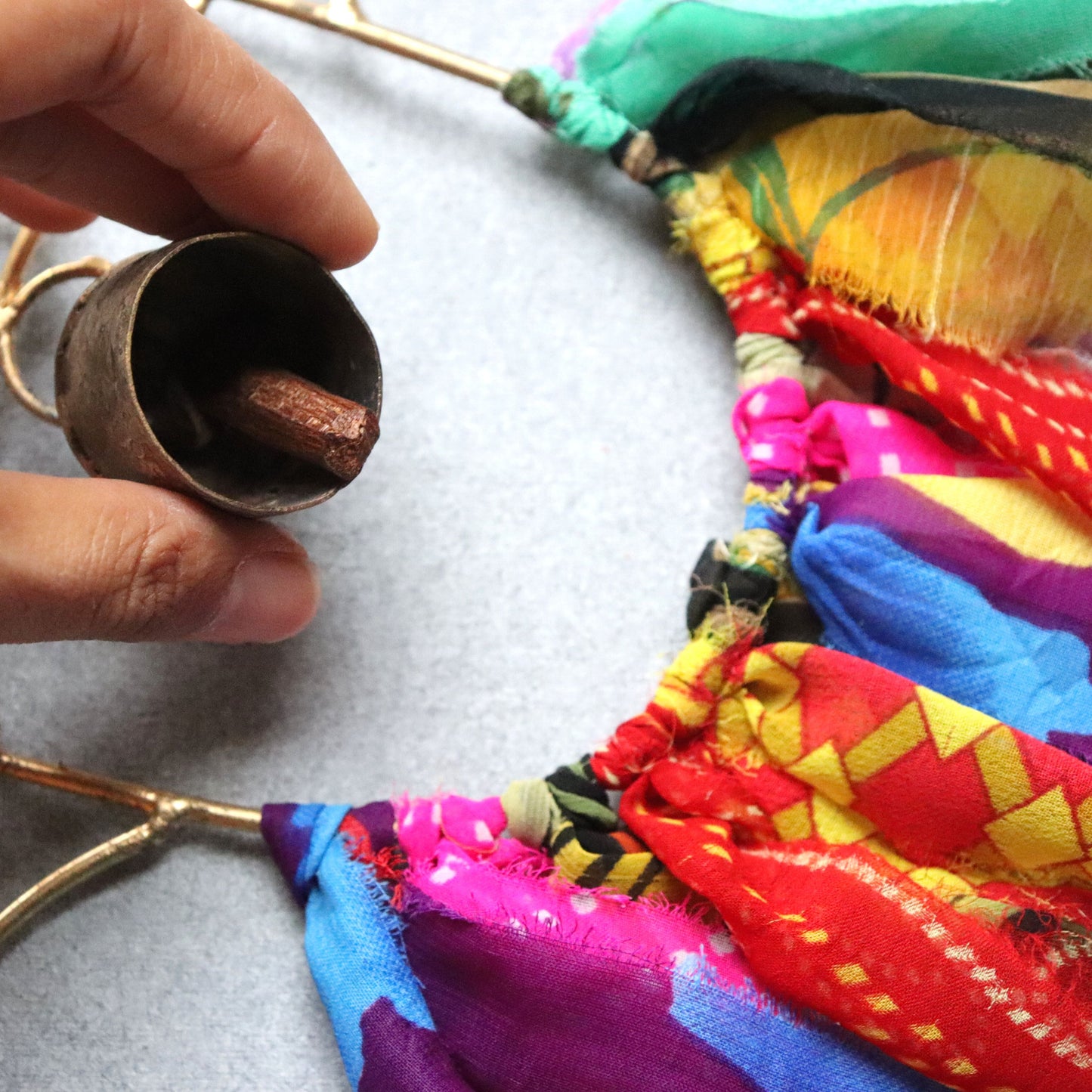 Hamsa Amulet Chime w/ Copper Bell Assorted Sari Tassels - Handmade, Evil Eye Protection Ornament, Multi-coloured - Aksa Home Decor 