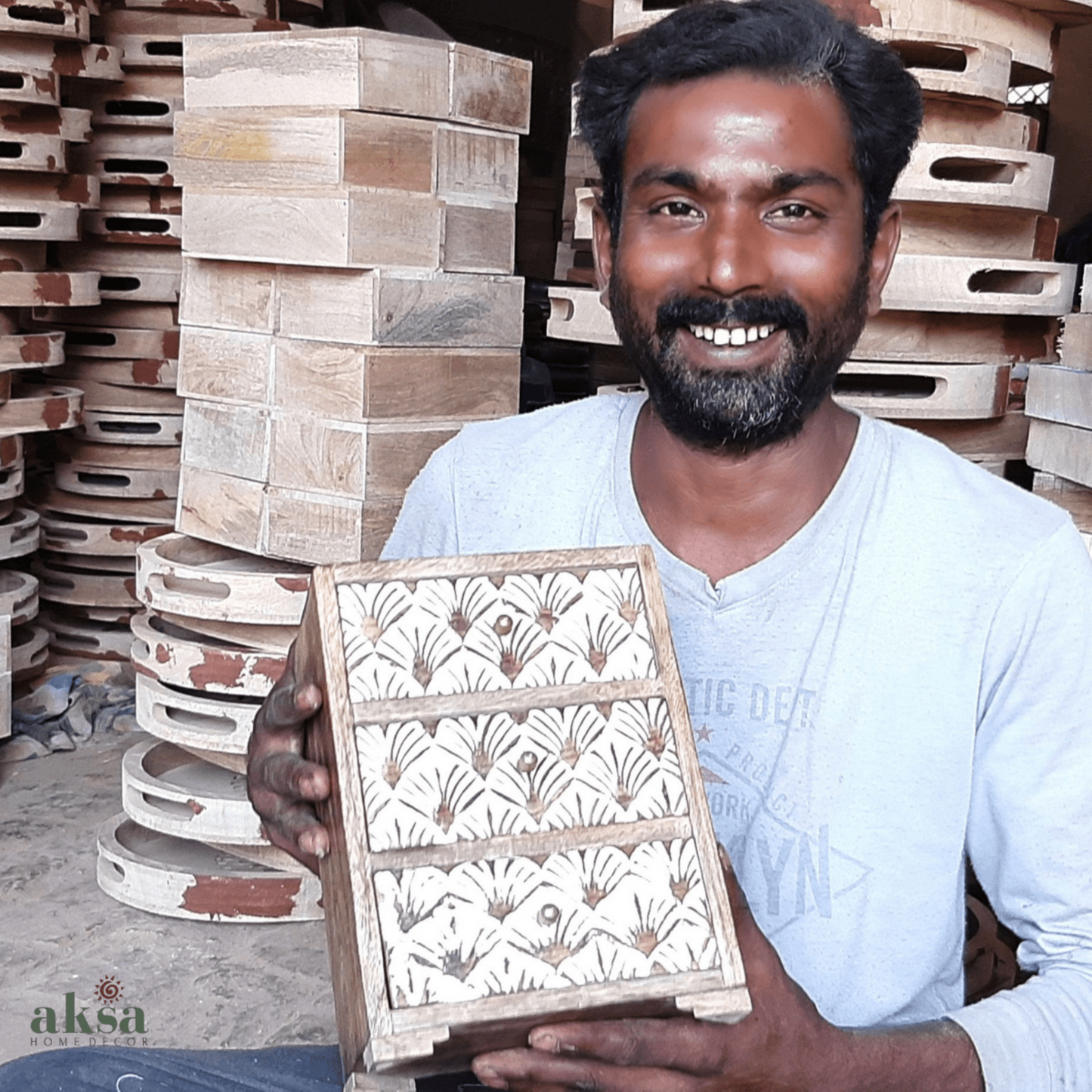 Hand-Carved 3 Drawer Jewellery Chest - Whitewash, Brass Knobs - Aksa Home Decor 