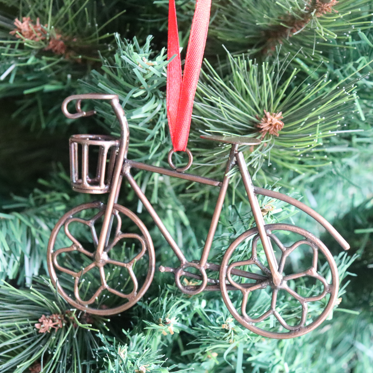Handmade Bicycle Ornament - Red Ribbon, Bike with Basket, Xmas Decor - Aksa Home Decor 