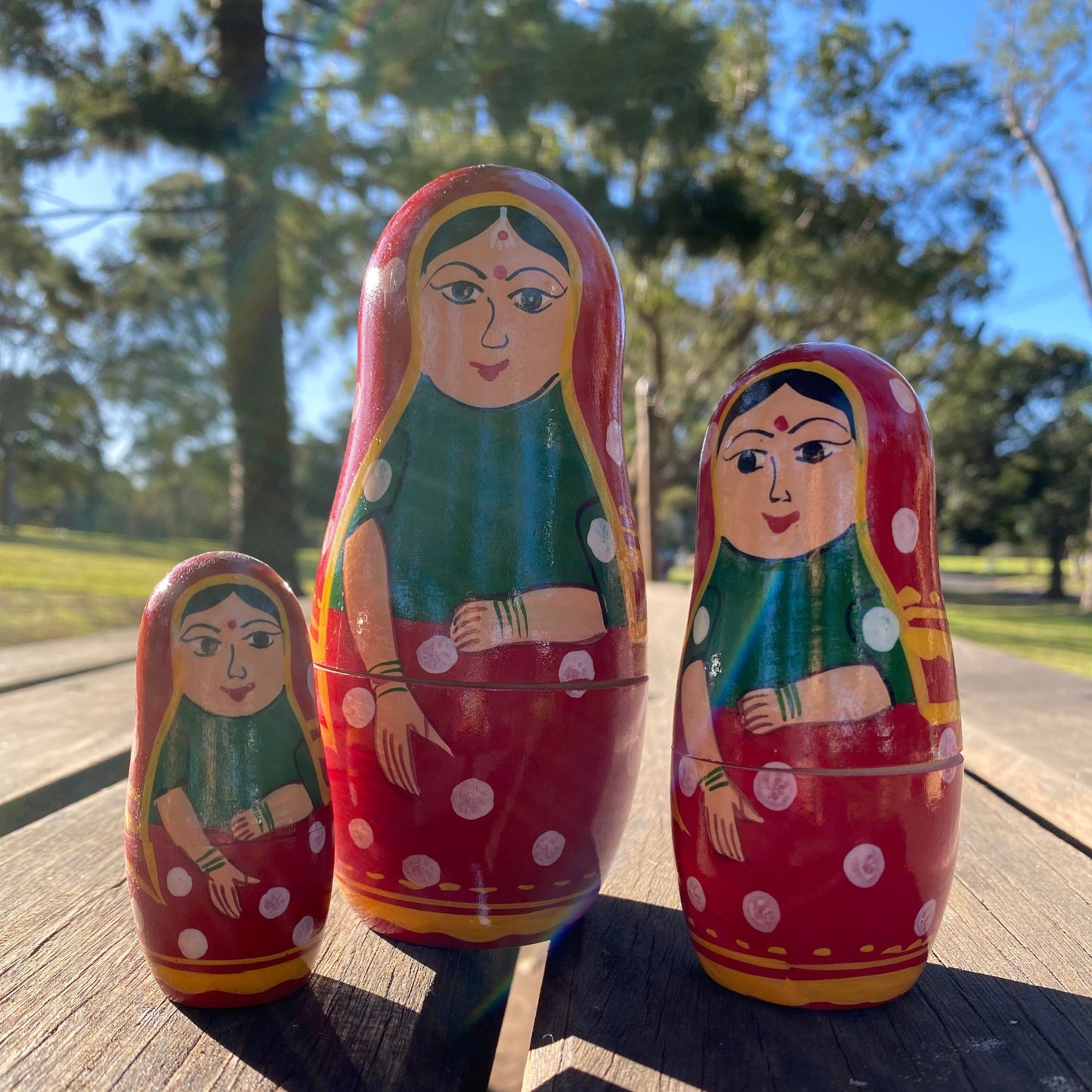 Handmade Indian Nested Matryoshka Stacking Dolls - Set of 3, Wood, Red - Aksa