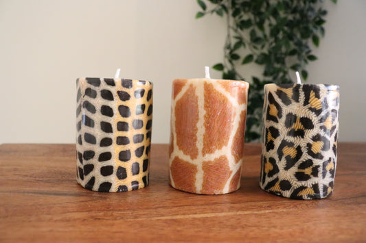 Safari Jungle 7 cm Pillar Candles - Set of 3, Animal Print, Fair Trade, Ethical