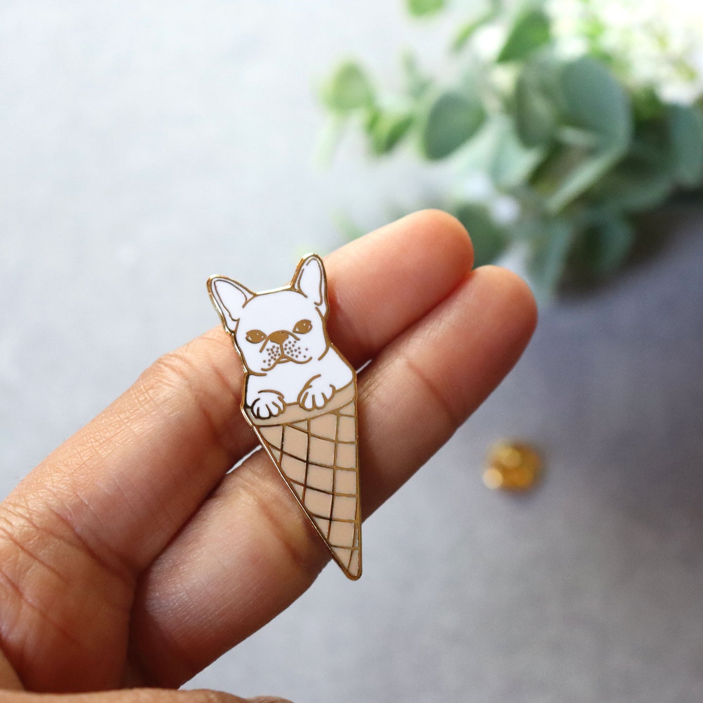 Ice Cream French Bulldog Enamel Brooch - Cute Animal Quirky Jewelry, Lapel, Pin, Badge - Aksa Home Decor 