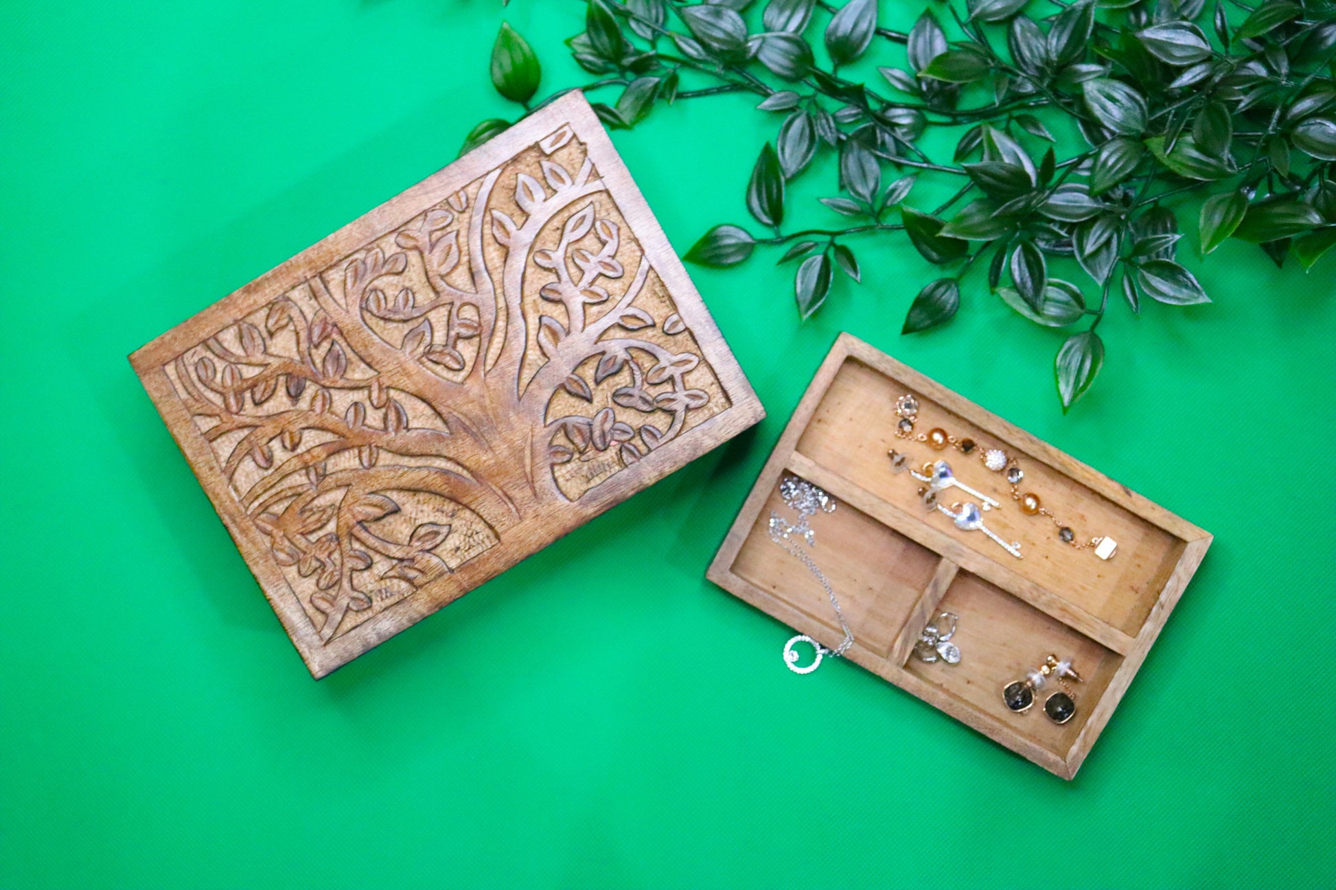 Tree of Life Wood Jewellery Keepsake Box - Rectangle, Compartment, Medium - Aksa Home Decor 