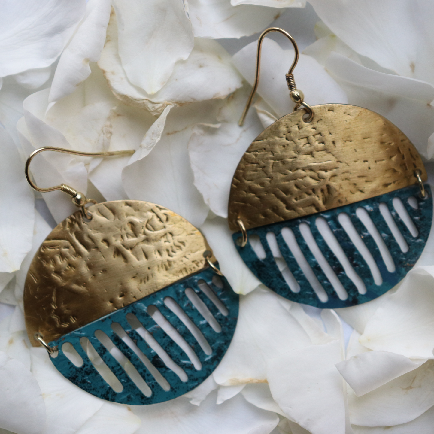 Menka Gold and Teal Coin Brass Earrings - Circle, Dangle - Aksa Home Decor 