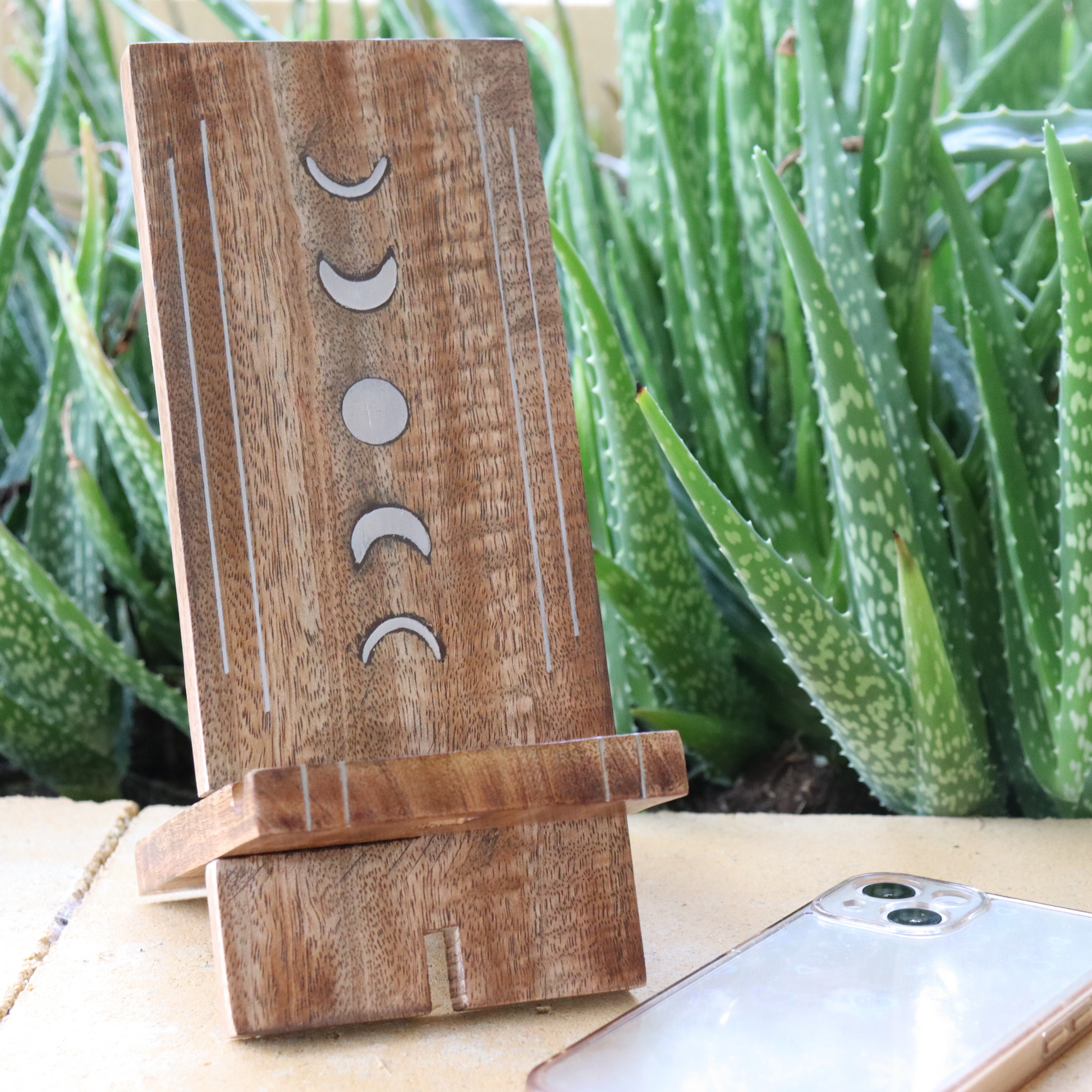Moon Phase Phone Stand - Wood Charging Station, Collapsible Desk Dock - Aksa Home Decor 