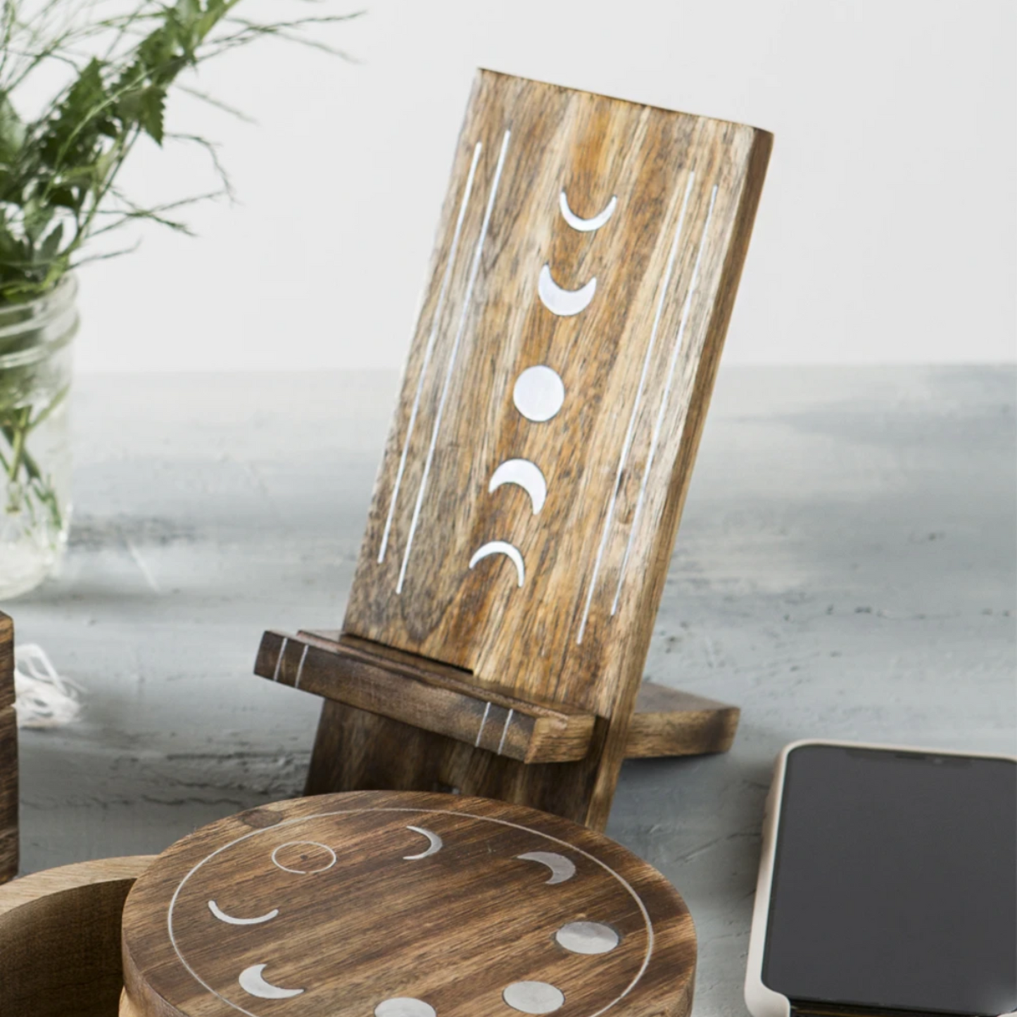 Moon Phase Phone Stand - Wood Charging Station, Collapsible Desk Dock - Aksa Home Decor 