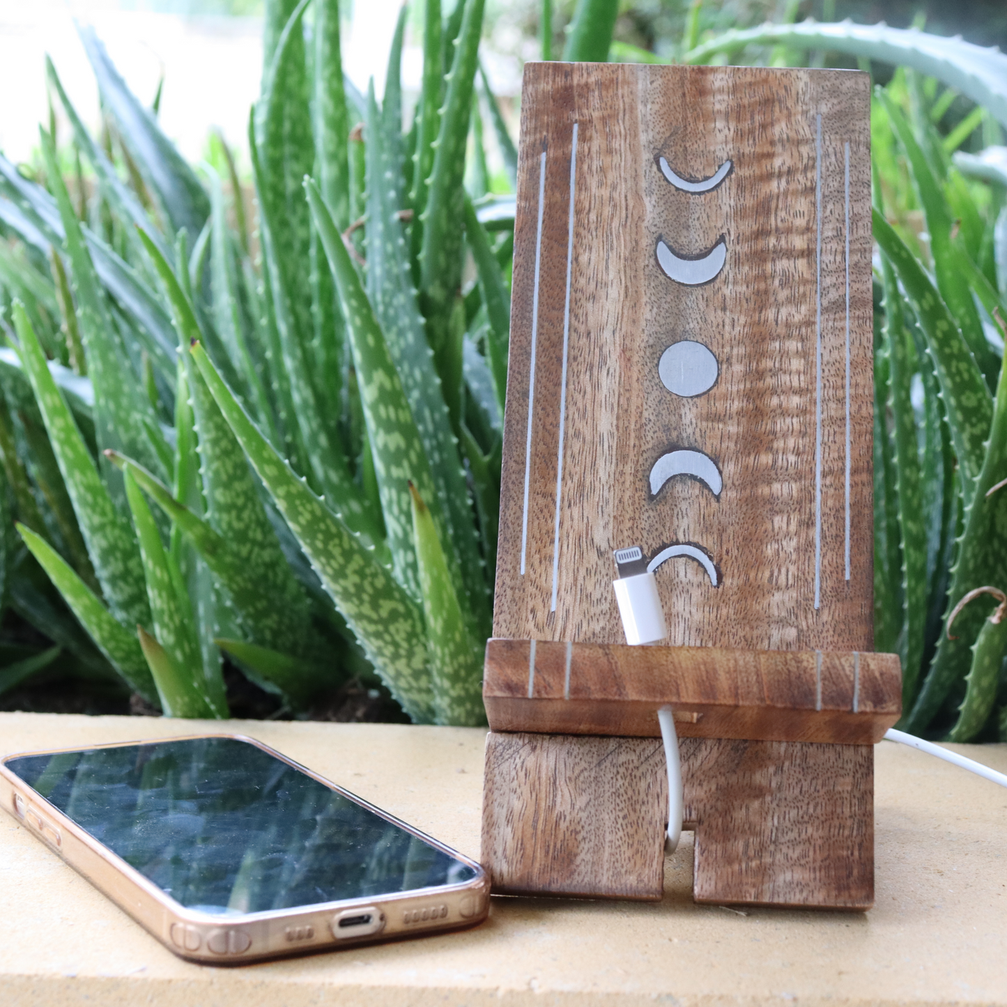 Moon Phase Phone Stand - Wood Charging Station, Collapsible Desk Dock - Aksa Home Decor 