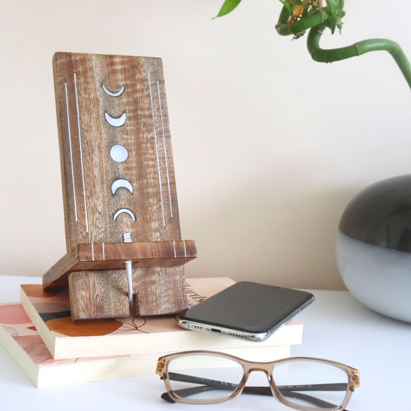 Moon Phase Phone Stand - Wood Charging Station, Collapsible Desk Dock - Aksa Home Decor 