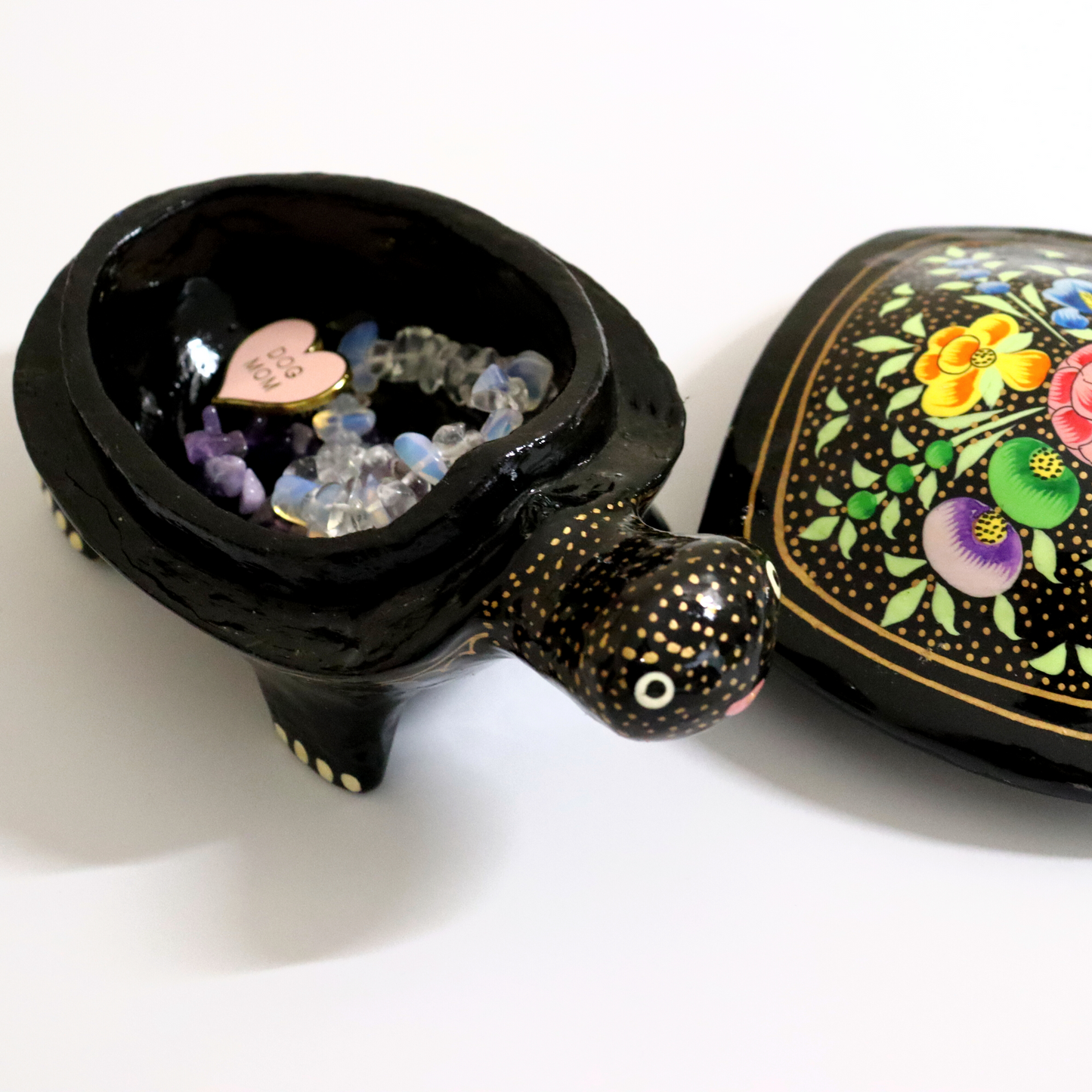 Paper Mache Tortoise Floral Storage Box with Lid - Black, Handpainted