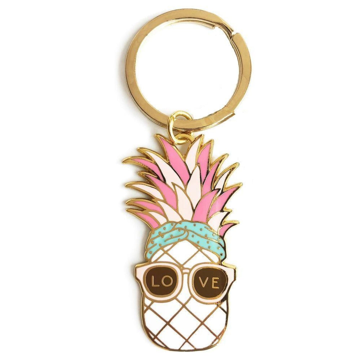 Pineapple Keychain - Enamel Keyring, Tropical Sunshine Fruit with Love Sunglasses - Aksa Home Decor 