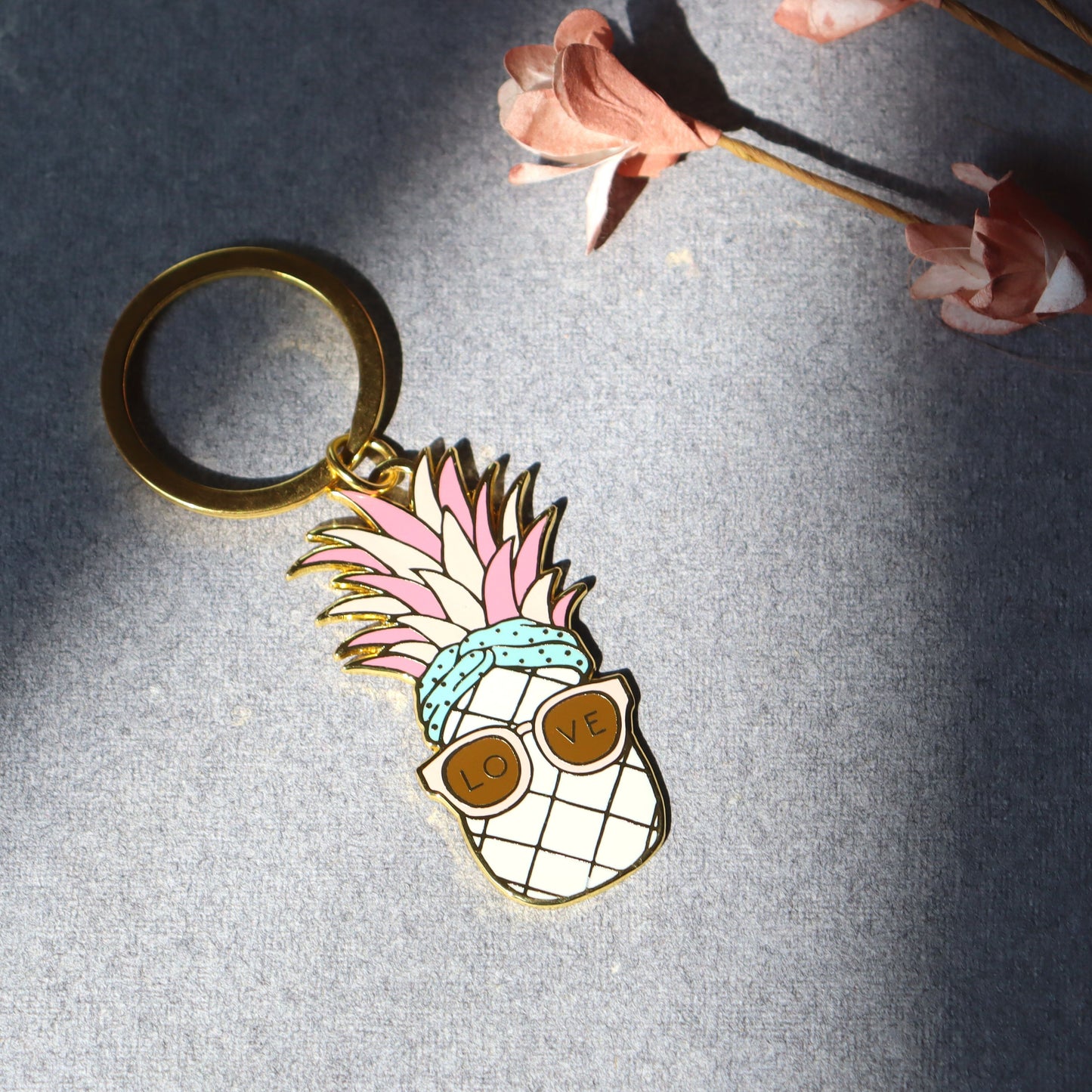 Pineapple Keychain - Enamel Keyring, Tropical Sunshine Fruit with Love Sunglasses - Aksa Home Decor 