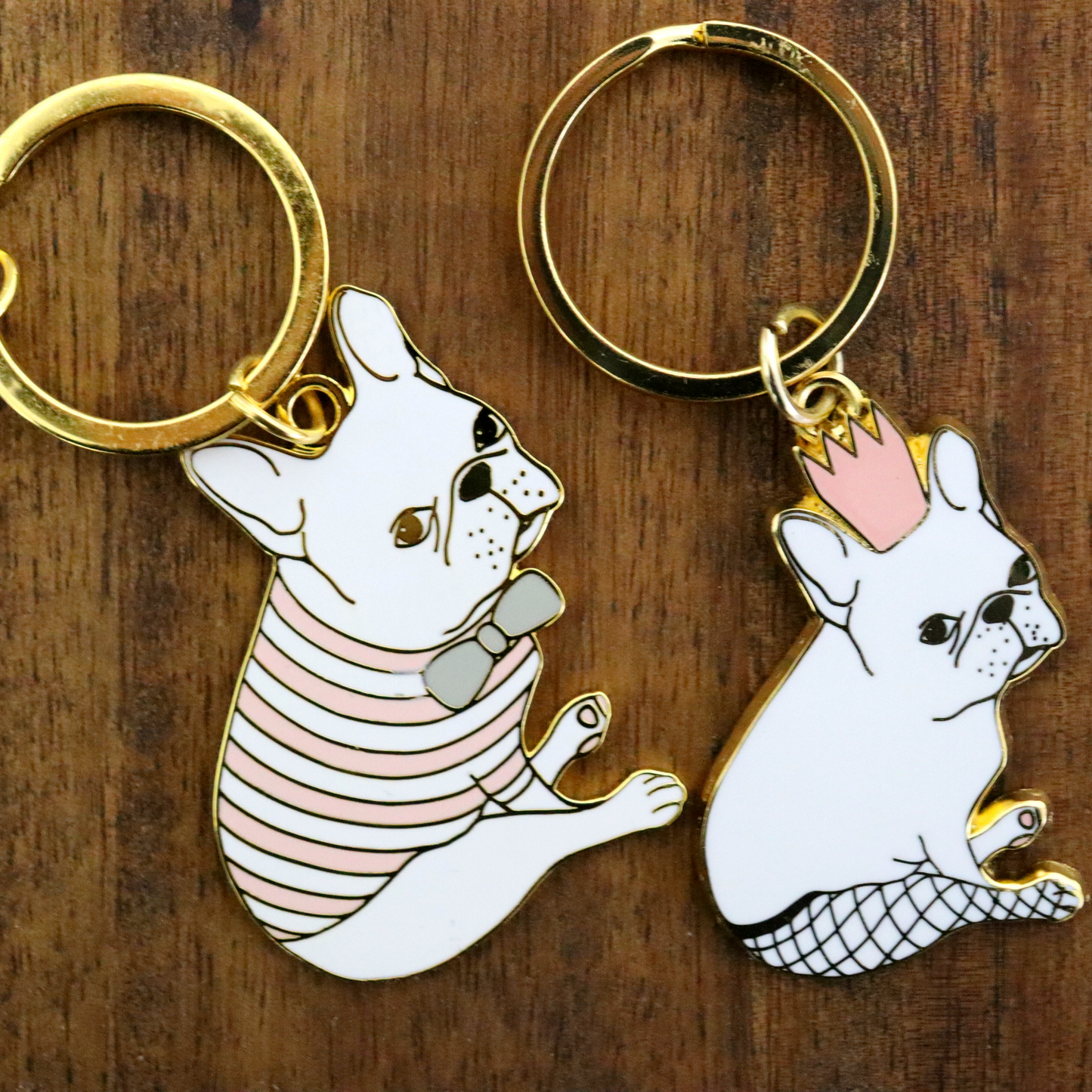 Pink Crown Frenchie Dog Fishnet Tights Keychain - Enamel Keyring