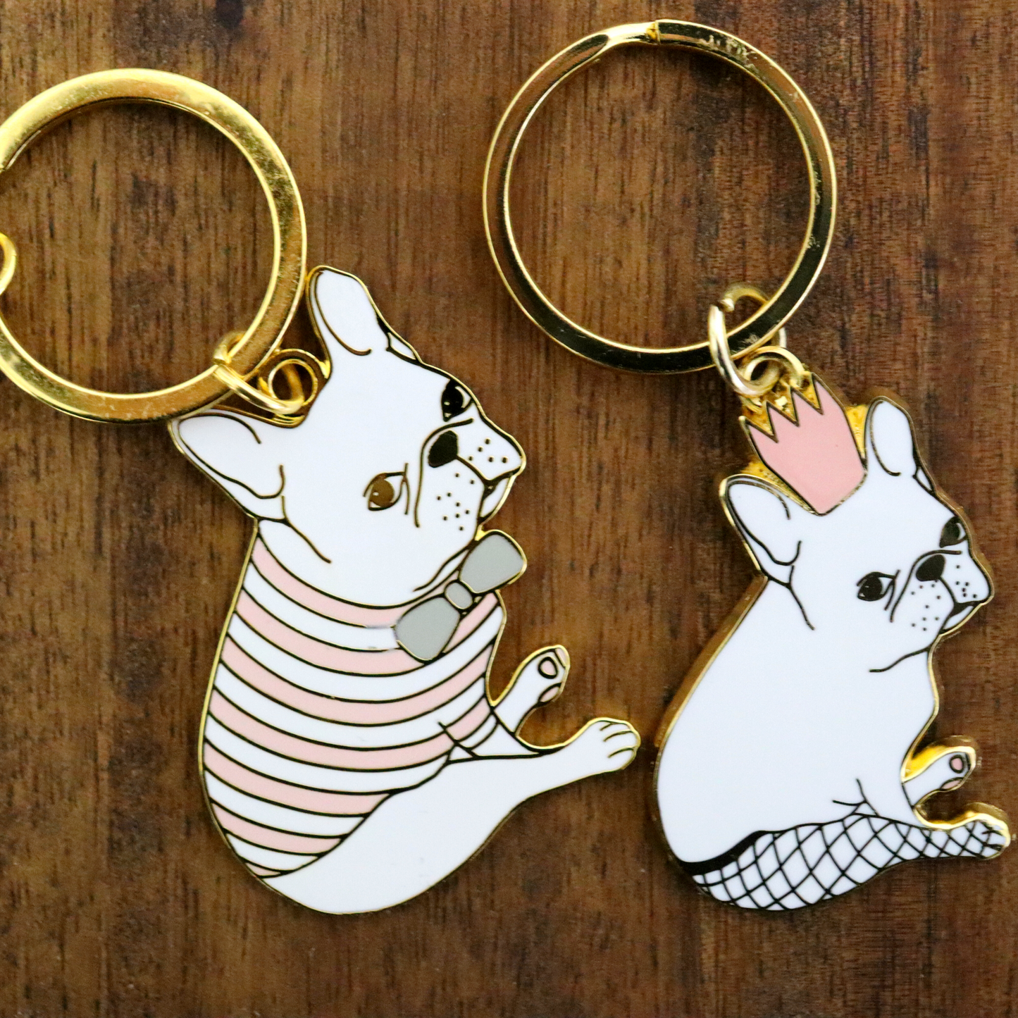 French Bulldog & Love Heart Keychain - Enamel Keyring, Quirky, Pink Striped Tee Frenchie with Bow