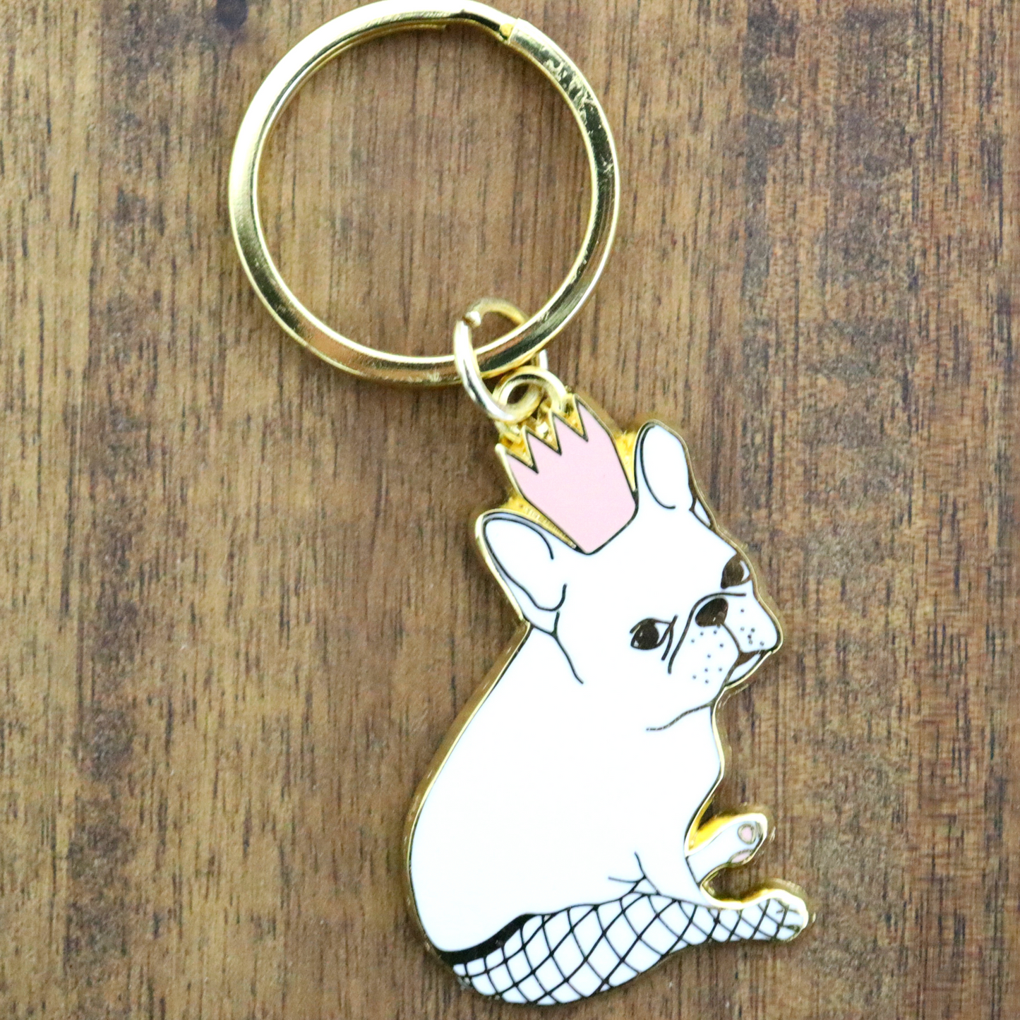 Pink Crown Frenchie Dog Fishnet Tights Keychain - Enamel Keyring