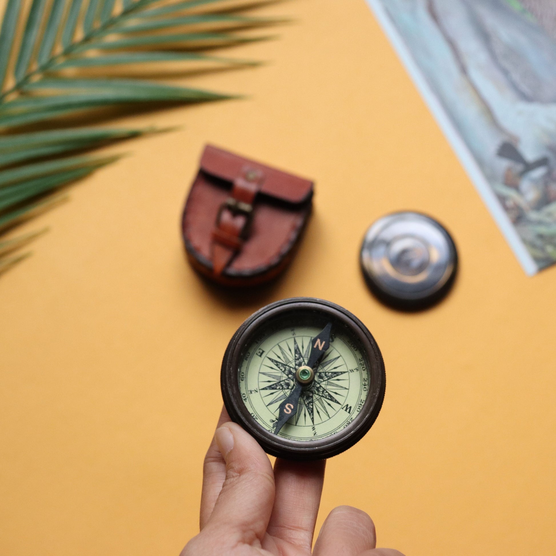 Pocket Brass Compass with Leather Case - Travellers Gift, Handmade - Aksa Home Decor 