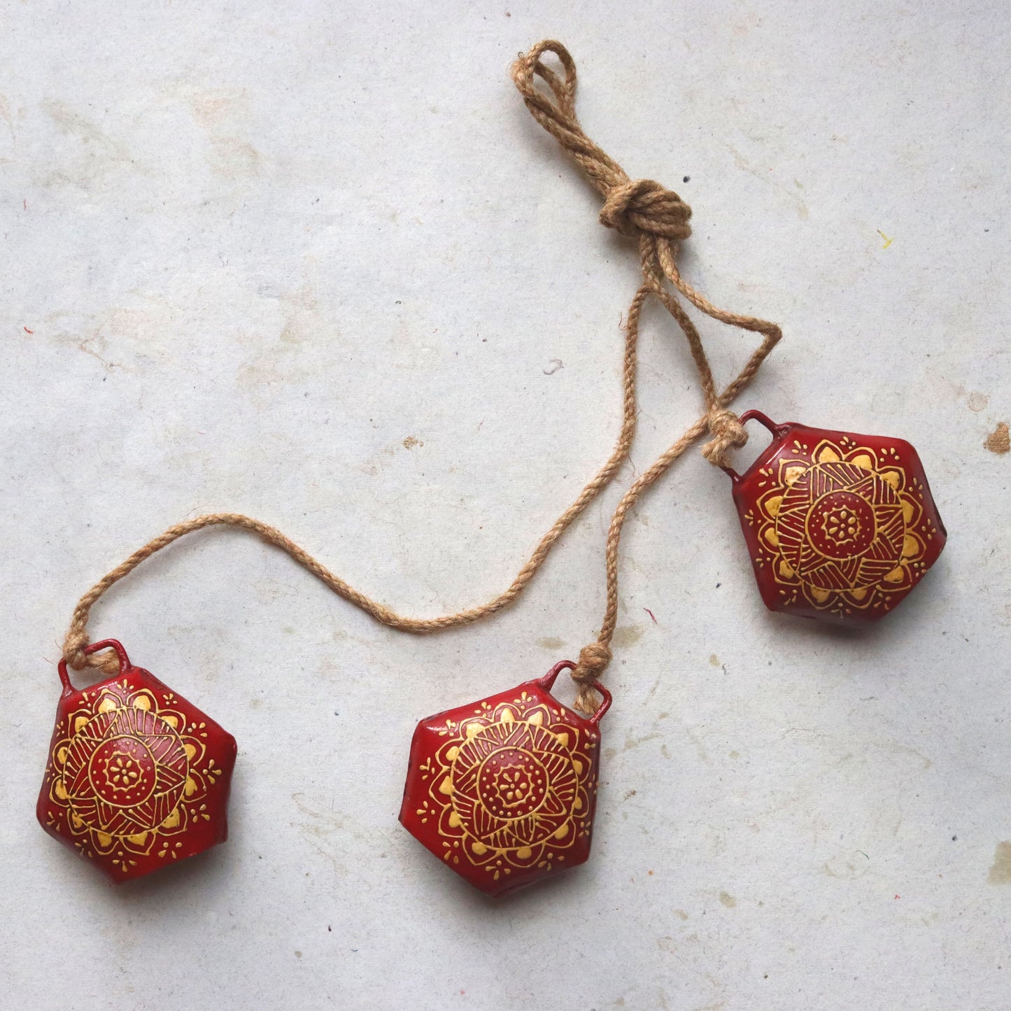 Set of 3 Red Cow Bells - Gold Motif, Hand Painted, Decorative Wall Hanging - Aksa Home Decor 