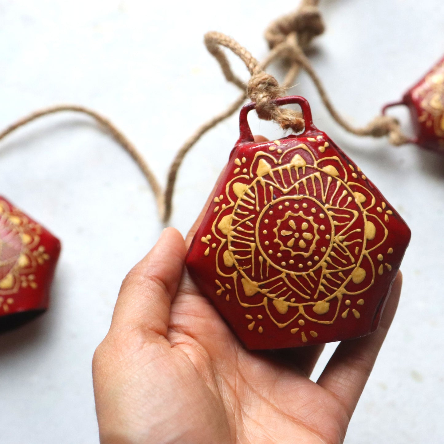 Set of 3 Red Cow Bells - Gold Motif, Hand Painted, Decorative Wall Hanging - Aksa Home Decor 