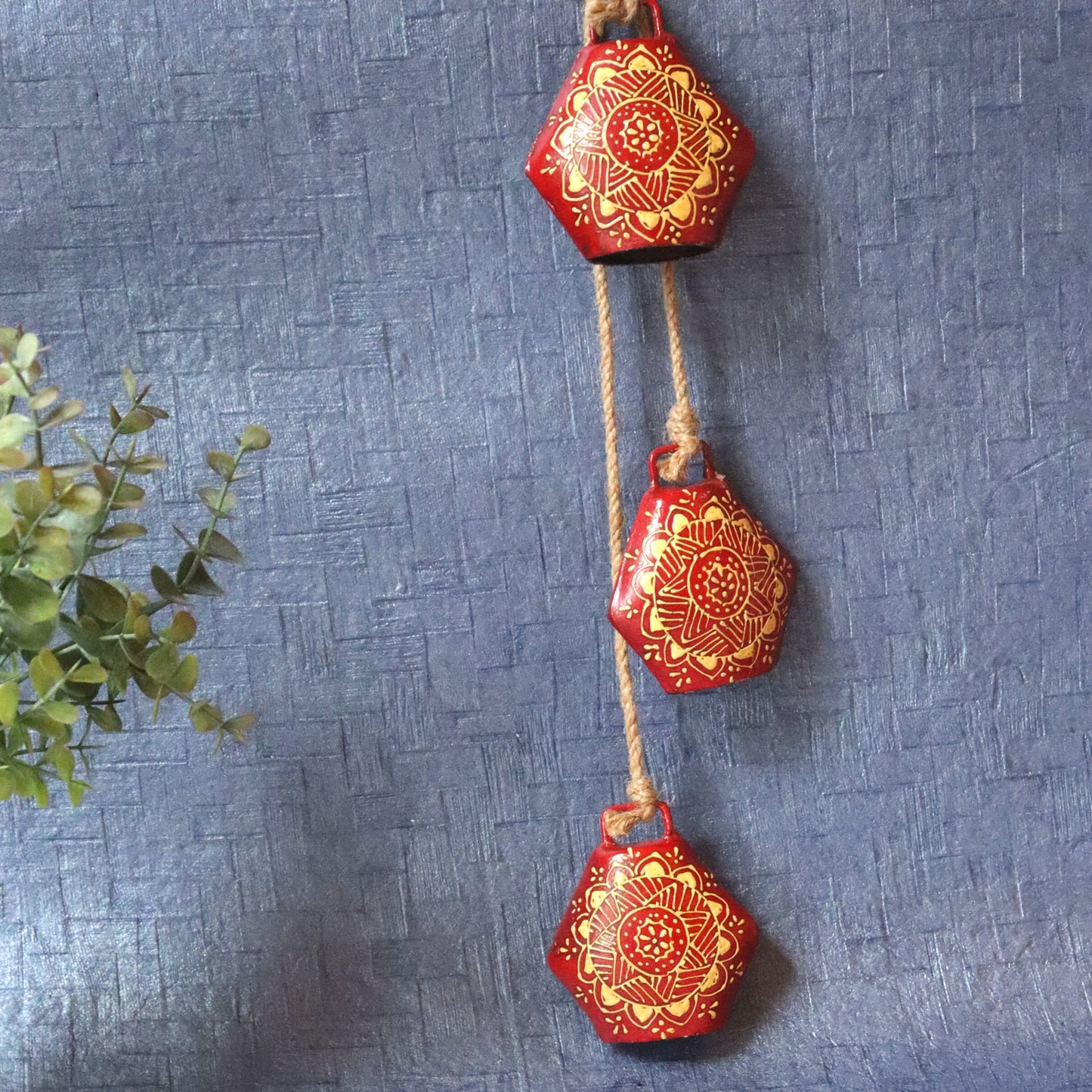 Set of 3 Red Cow Bells - Gold Motif, Hand Painted, Decorative Wall Hanging - Aksa Home Decor 