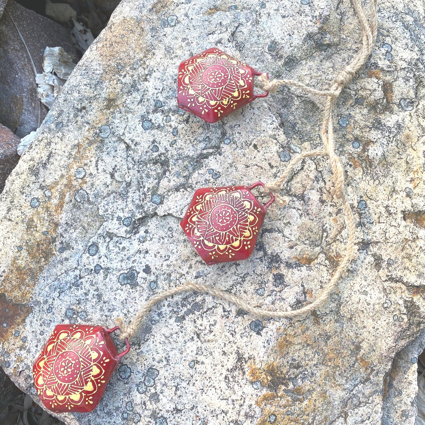 Set of 3 Red Cow Bells - Gold Motif, Hand Painted, Decorative Wall Hanging - Aksa Home Decor 