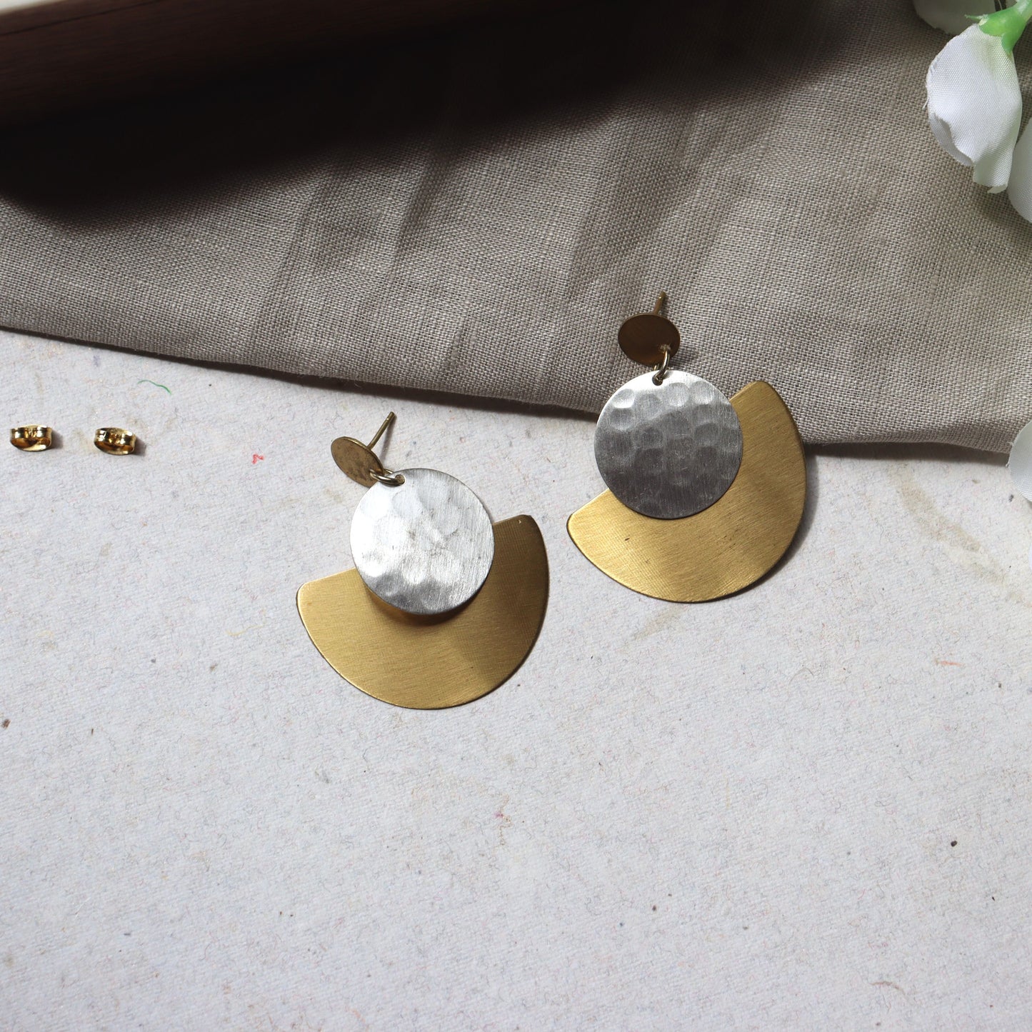 Silver Disc and Gold Half Moon Earrings - Lunar Style, Handcrafted, Aarna - Aksa Home Decor 