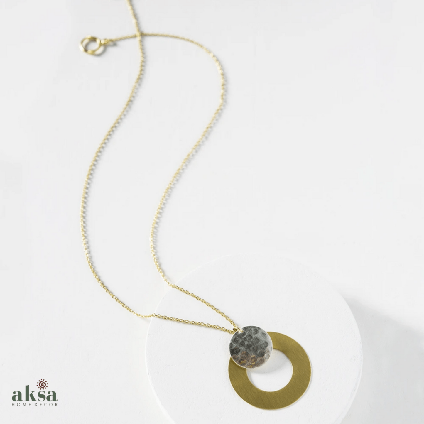 Silver and Gold Disc Chain Pendant Necklace - Handcrafted, Brass, Aarna - Aksa Home Decor 