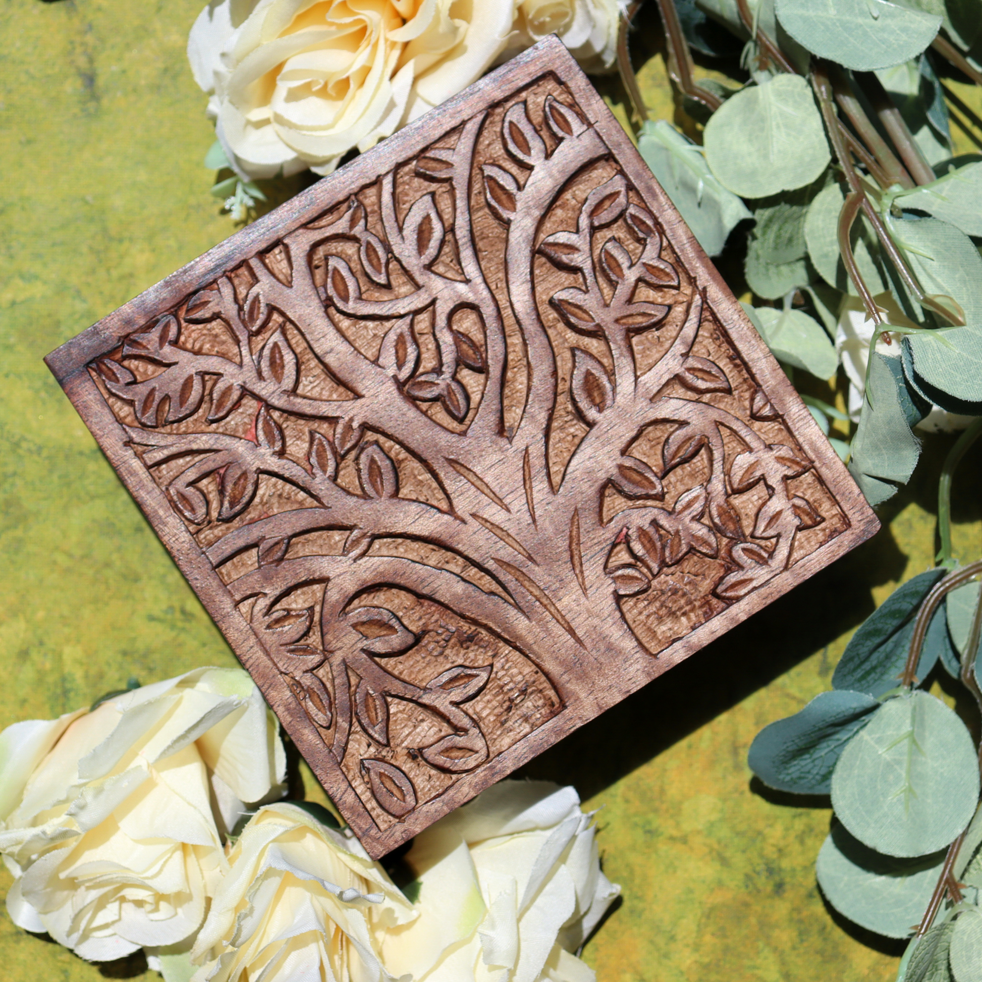 Small Tree of Life Wood Jewellery Box - Engraved, Square, 5 inch - Aksa Home Decor 