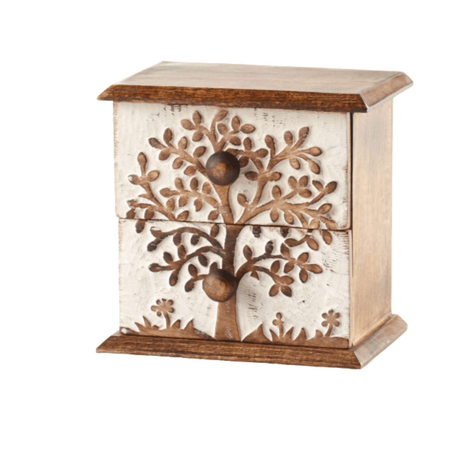 Tree of Life Engraved Jewellery Box -  2 Drawer, Whitewashed, 19 cm Hgt - Aksa Home Decor 