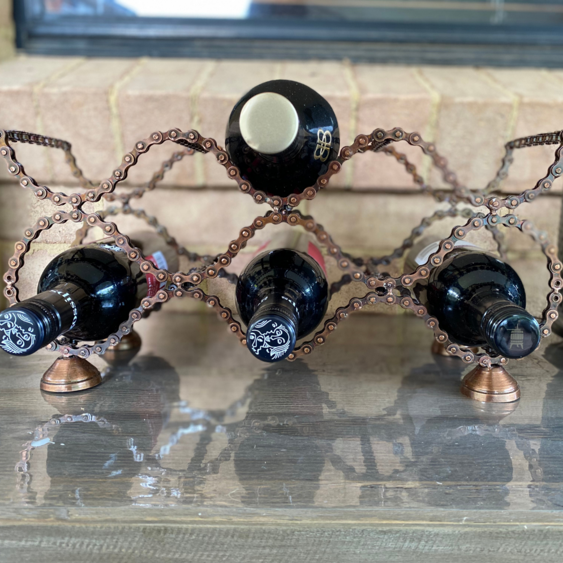 Upcycled Bicycle Chain 8 Wine Bottle Rack Rustic Holder - Aksa