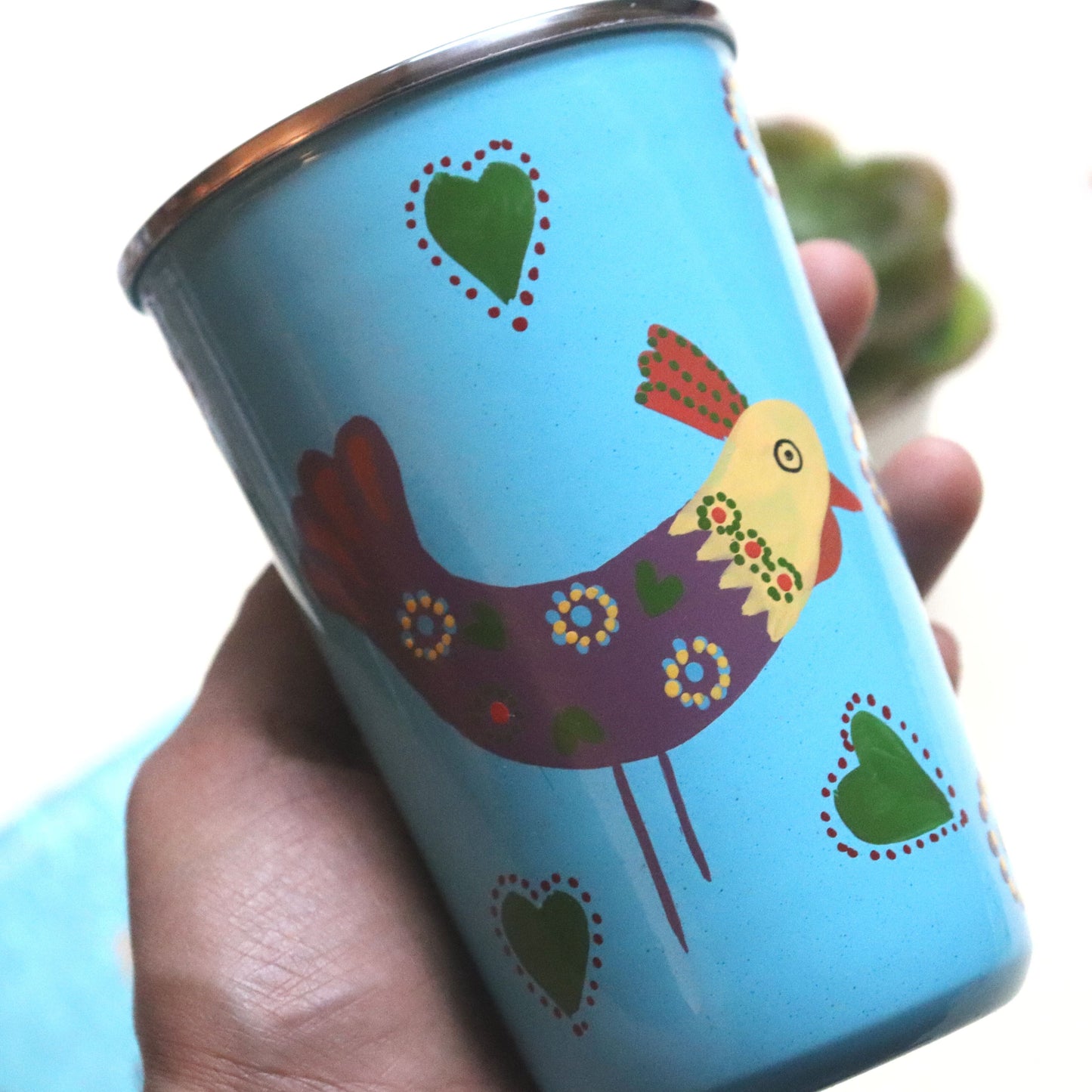 Vibrant Bird Tumbler/ Metal cup - Blue, 400 ml, 12 cm, Enamelware glass - Aksa Home Decor 