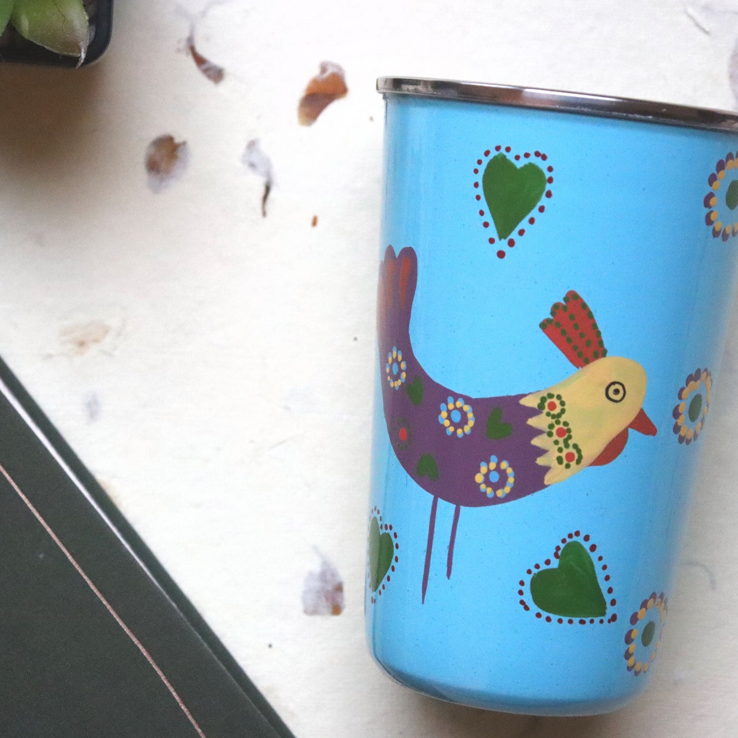 Vibrant Bird Tumbler/ Metal cup - Blue, 400 ml, 12 cm, Enamelware glass - Aksa Home Decor 