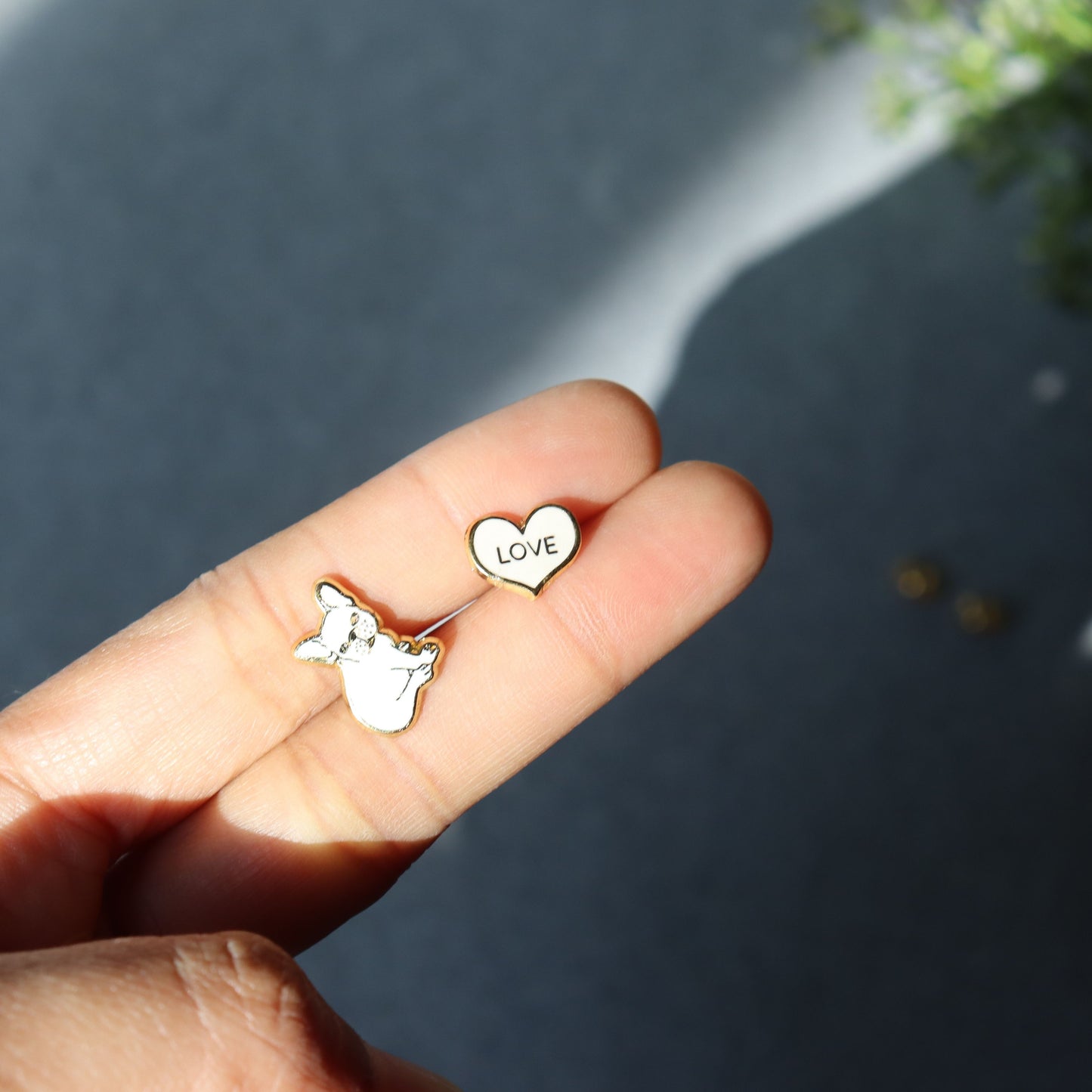 White Bulldog & Pink Love Heart Chic Earrings - Small Studs, Dog Animal Lovers - Aksa Home Decor 