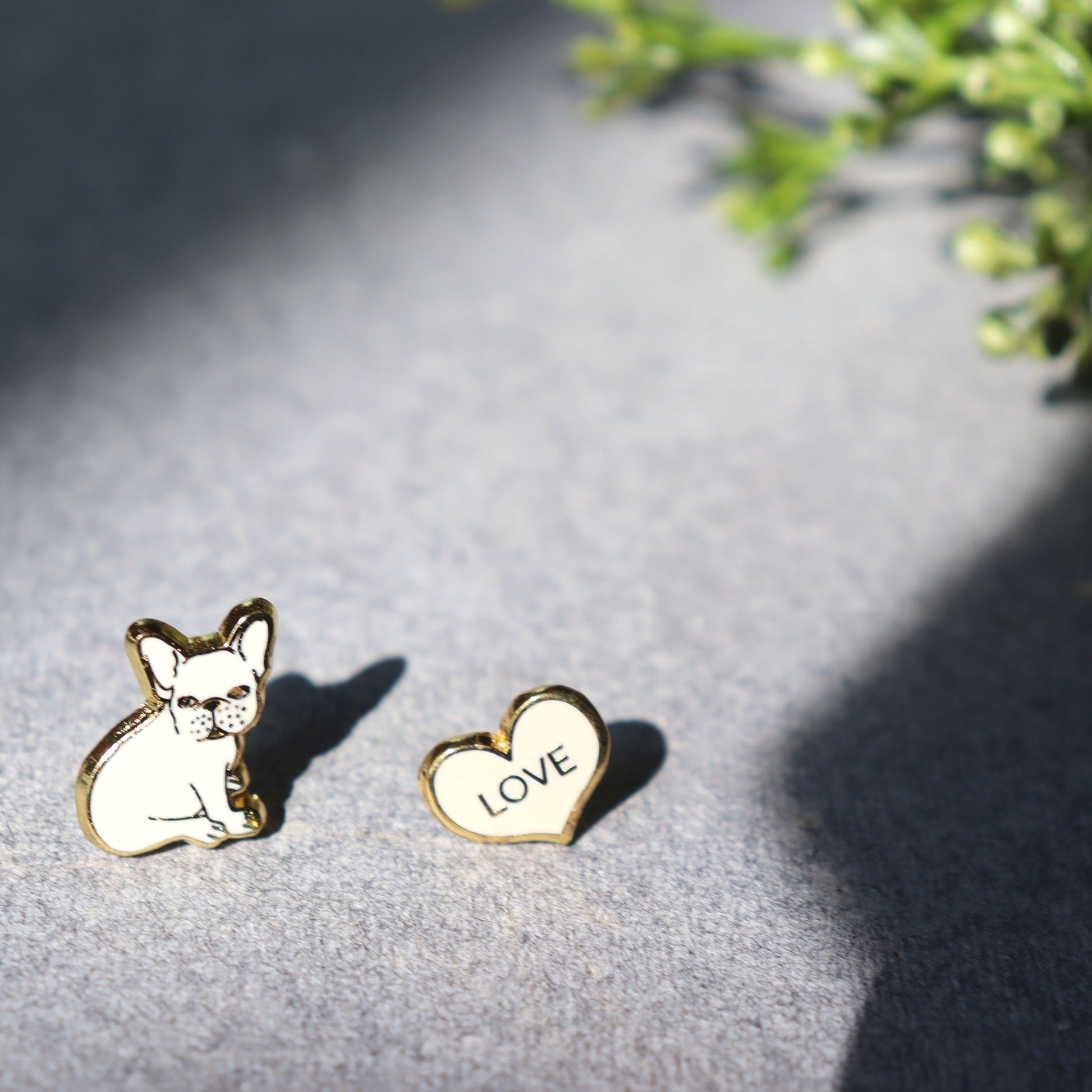 White Bulldog & Pink Love Heart Chic Earrings - Small Studs, Dog Animal Lovers - Aksa Home Decor 